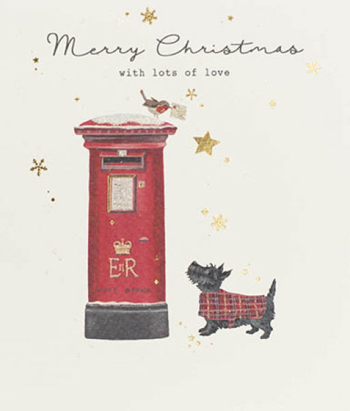 Merry Christmas Card with Lots of Love - Red Mail Box and Dog