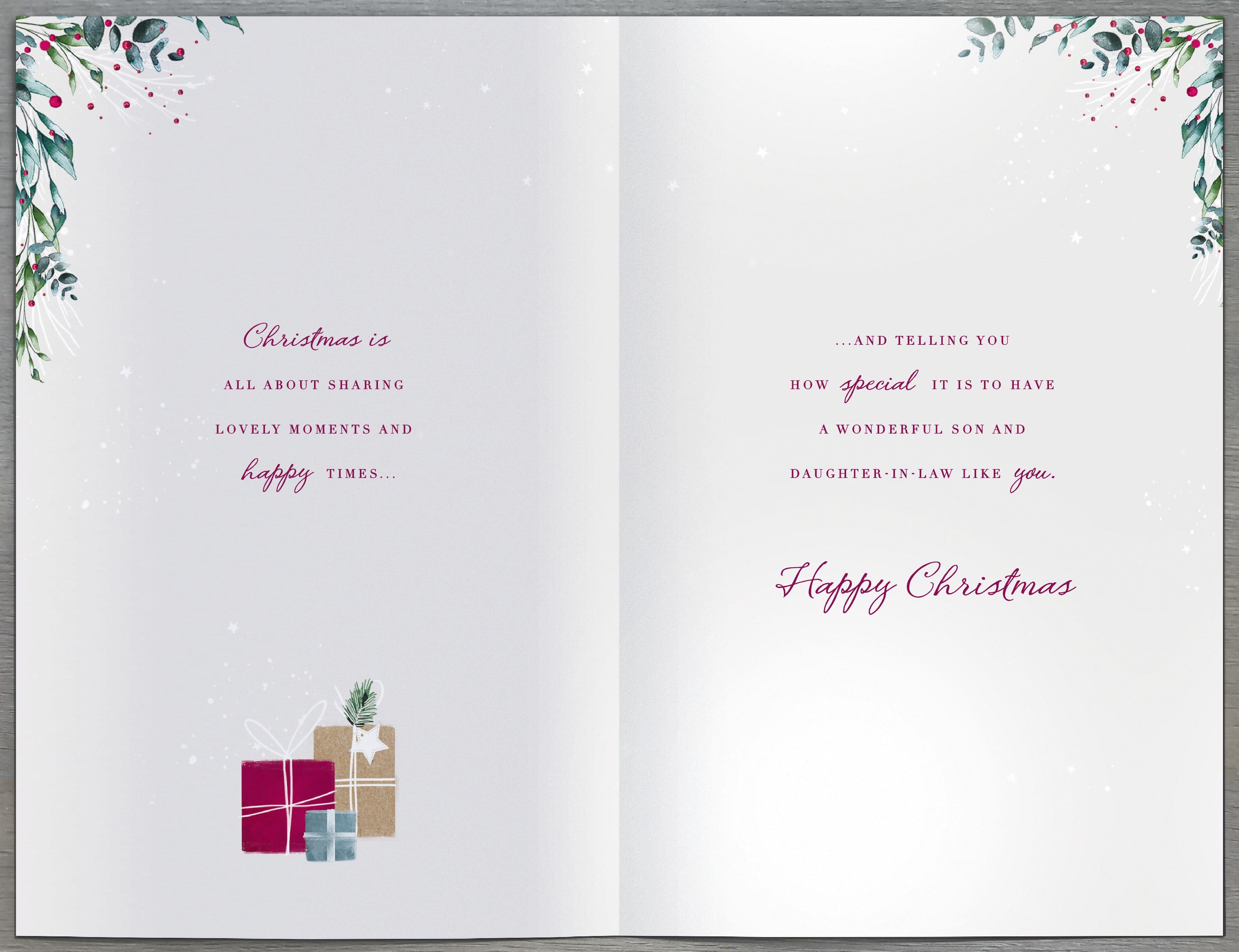 Son & Daughter-in-Law Christmas Card - Wreaths, Gifts and Boots to Celebrate