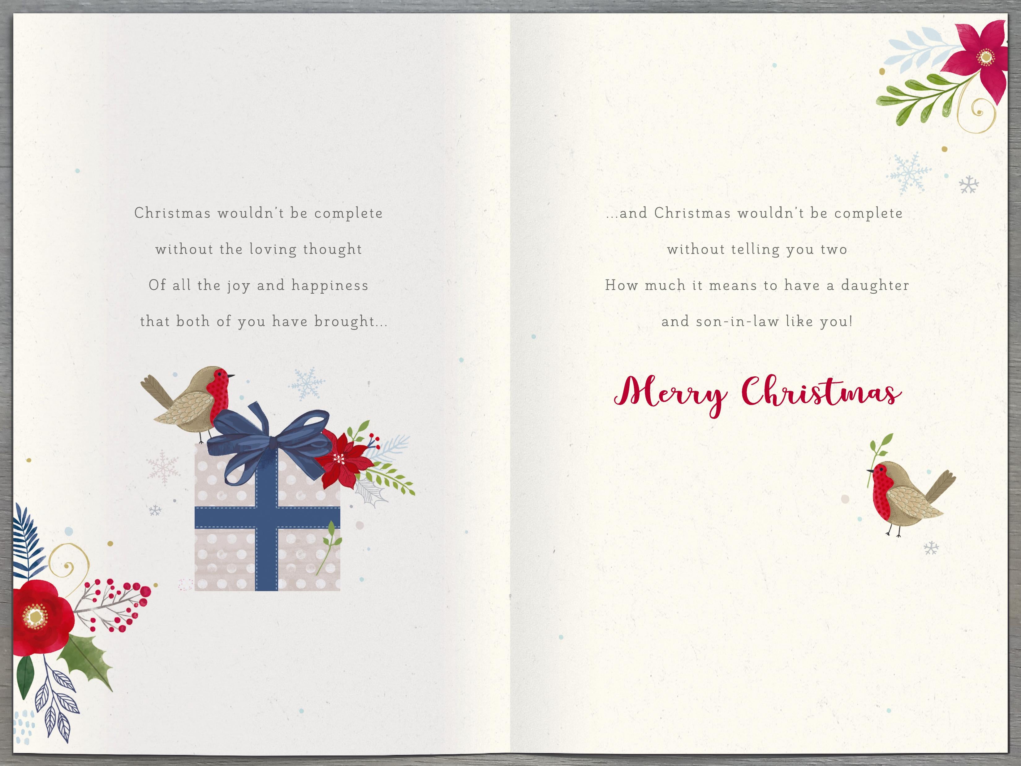 Daughter & Son-in-Law Christmas Card - Robins, Flowers and Gifts