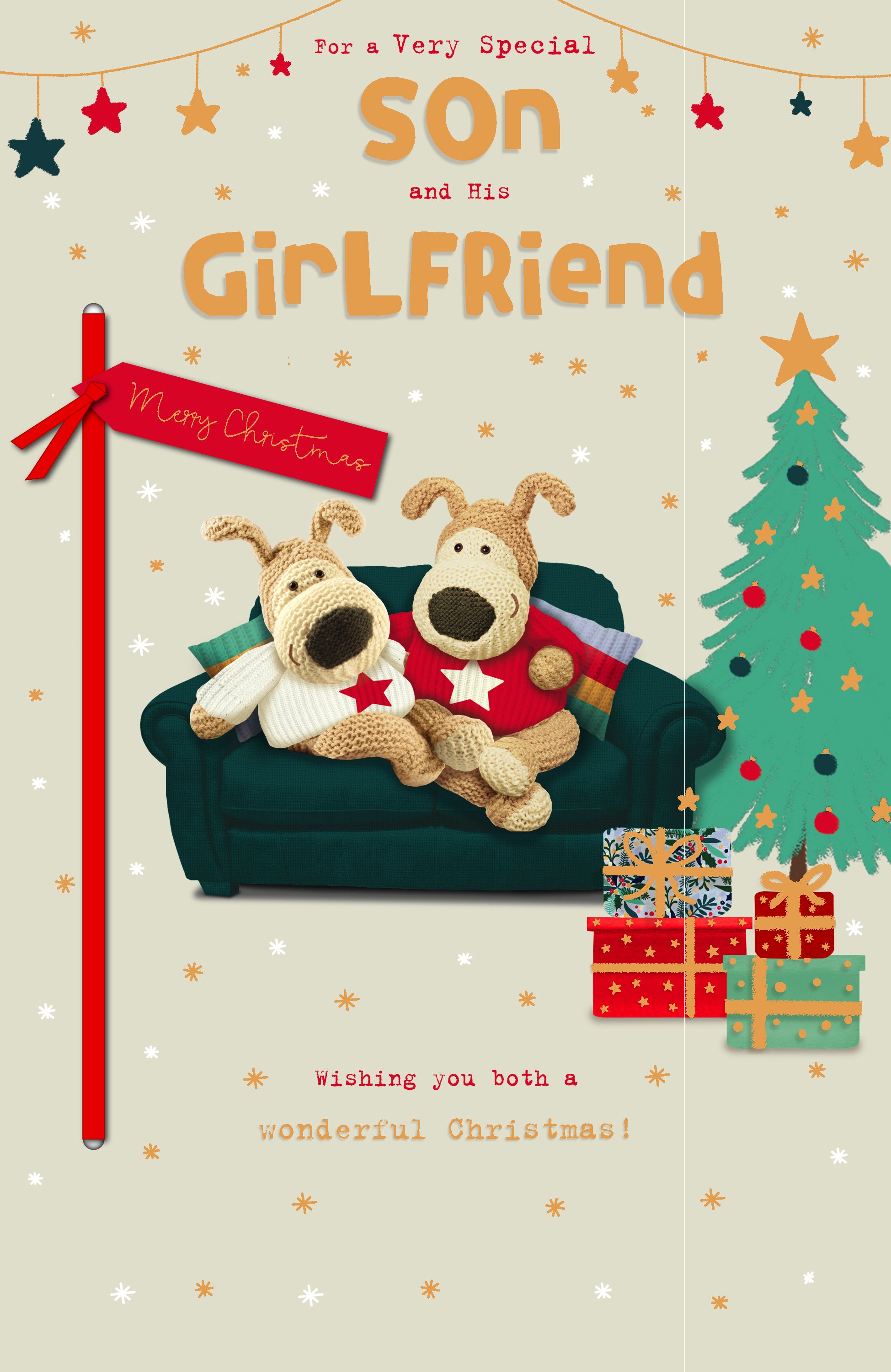 Son & His Girlfriend Christmas Card - Boofles, Couch, Christmas Tree & Presents