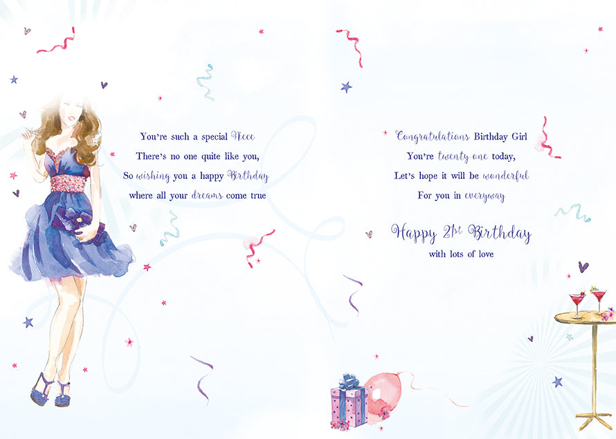 Niece 21st Birthday Card - Pretty Frills Curls And Cocktails