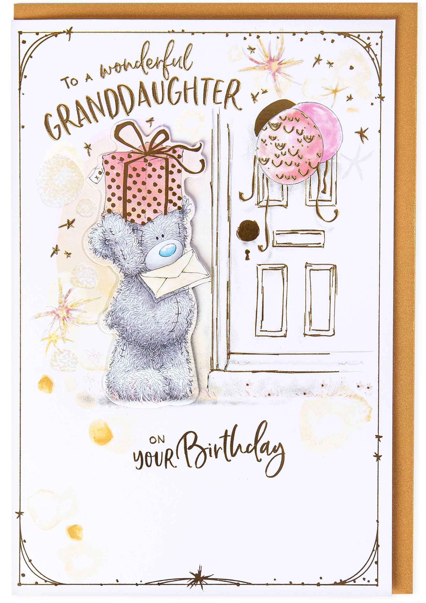 Granddaughter Birthday Card - Bear And Gift On Head