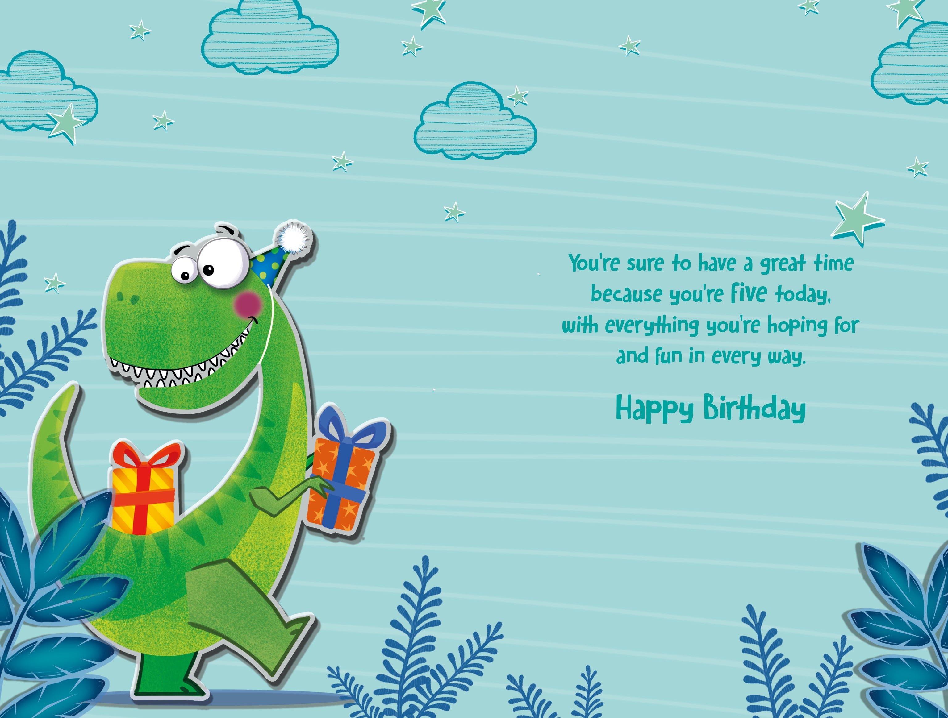 5th Birthday Boy Card - Dinosaur With Gift