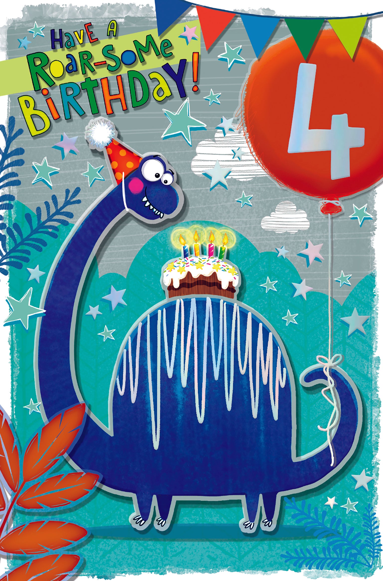 4th Birthday Boy Card - Blue Dino And Cake