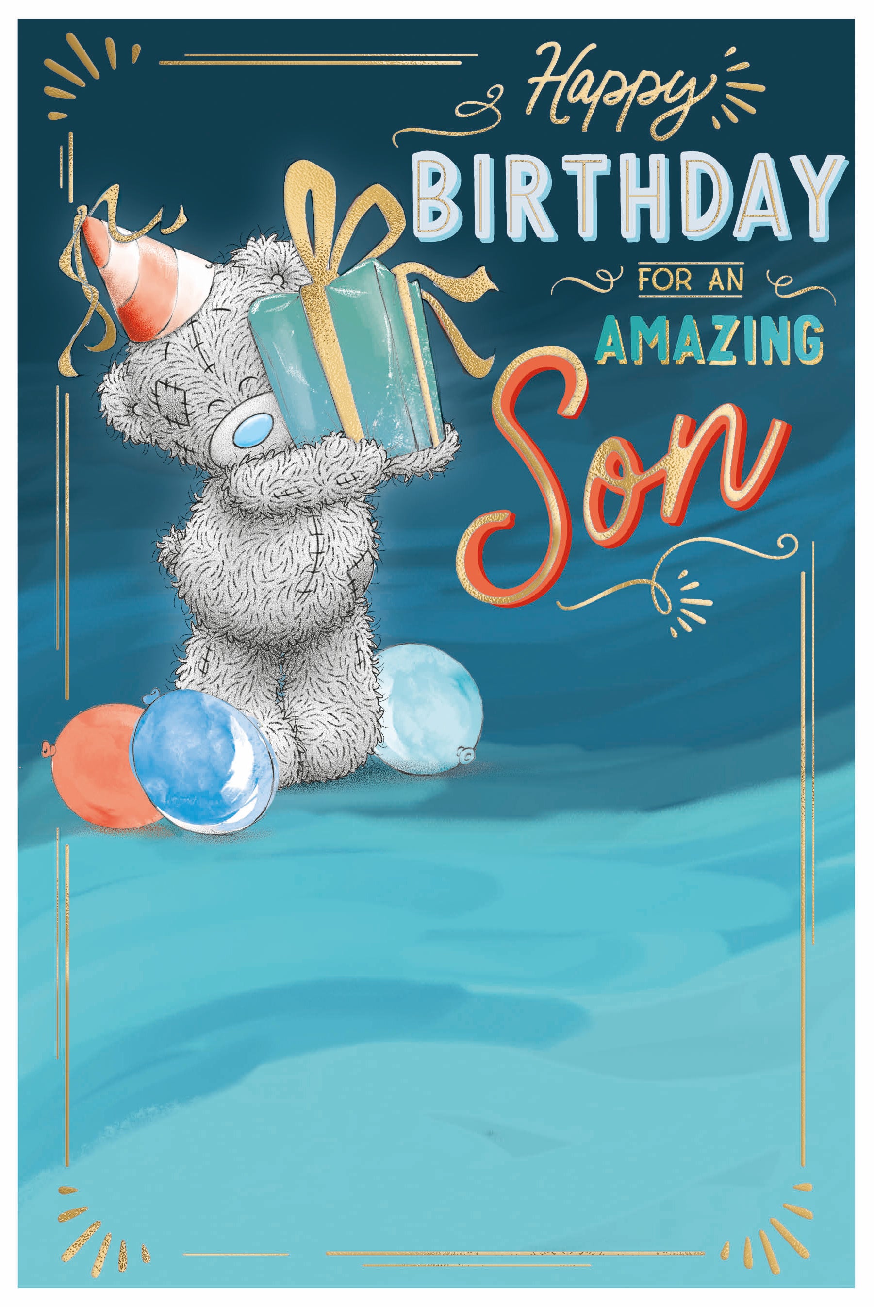 Son Birthday Card - Bear In Party Hat And Gift