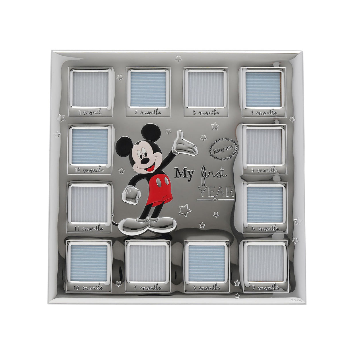Disney Mickey Mouse 12 Month Multi Aperture Real 999 Silver Plate Frame With White Wooden Back