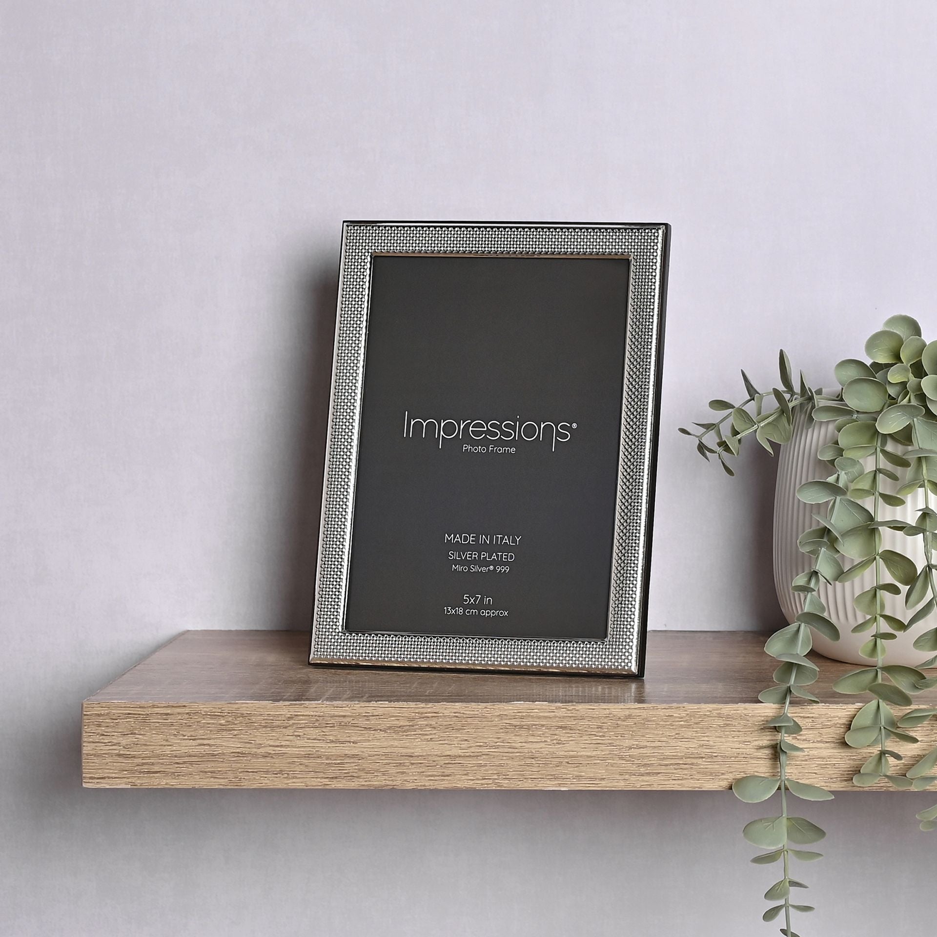 Impressions 999 Silver Narrow Textured Photo Frame 5" x 7"  Wood Back Made In Italy