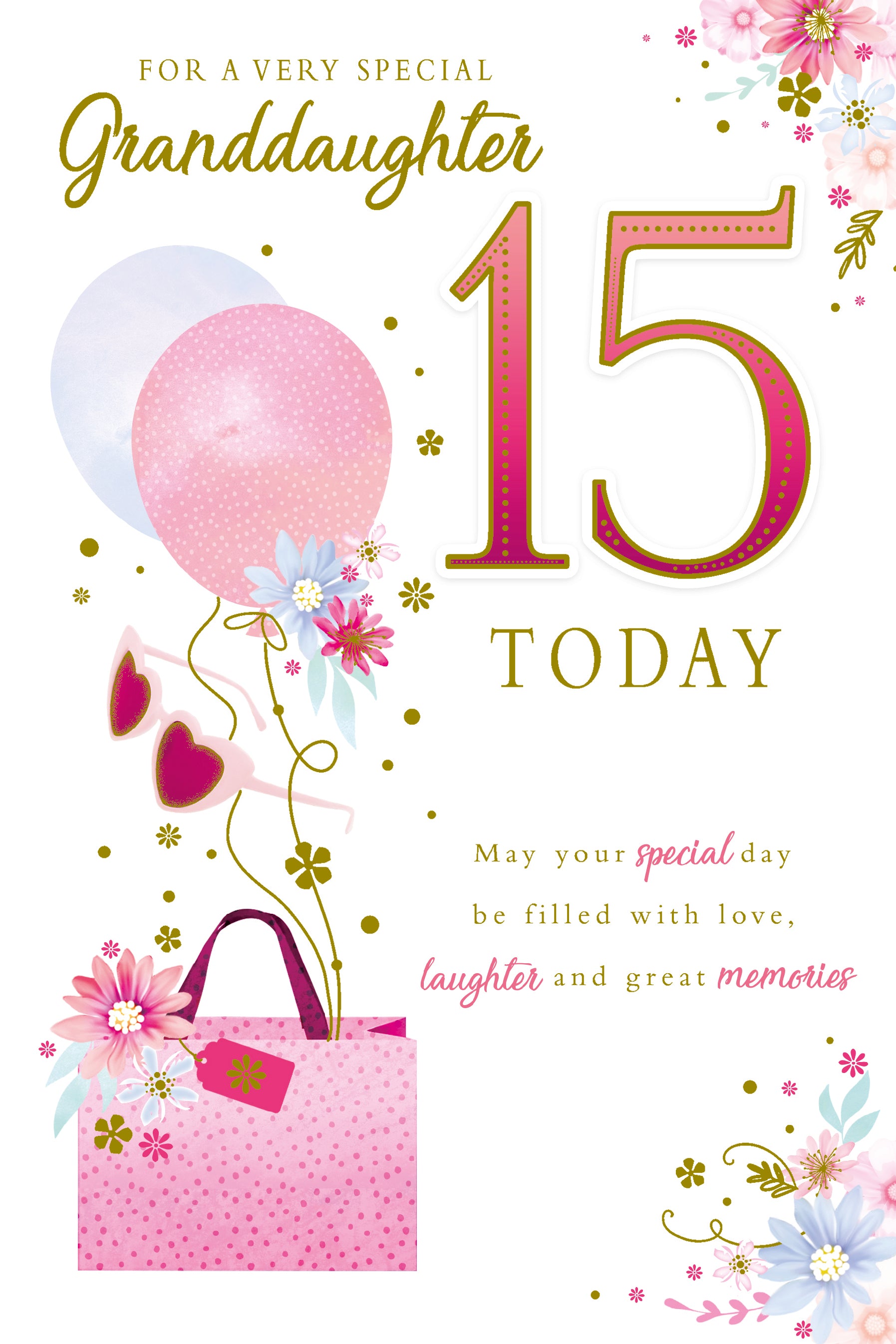 Granddaughter 15th Birthday Card - Balloons and Gift Bag