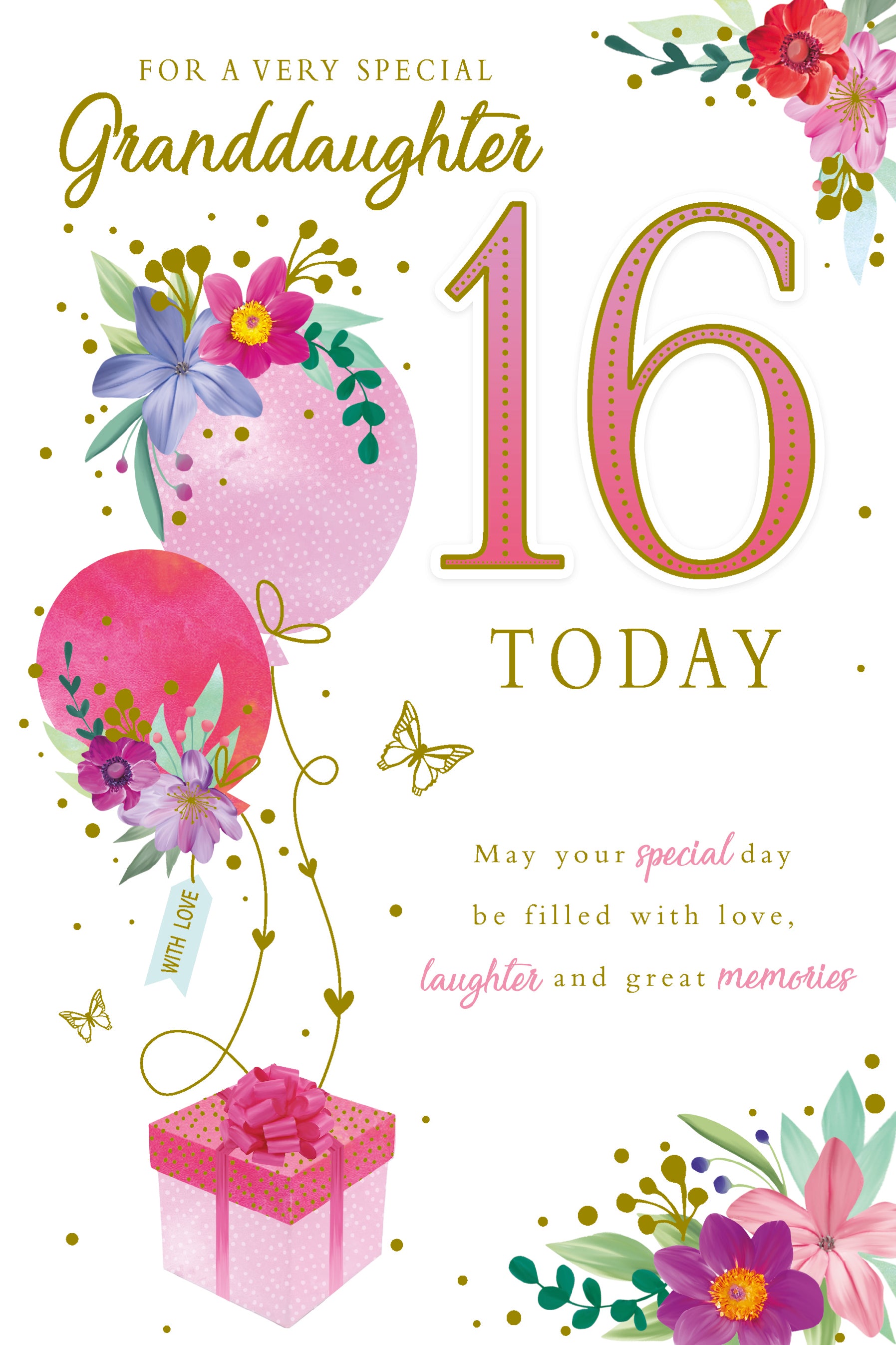 Granddaughter 16th Birthday Card - Balloons and Gift Box