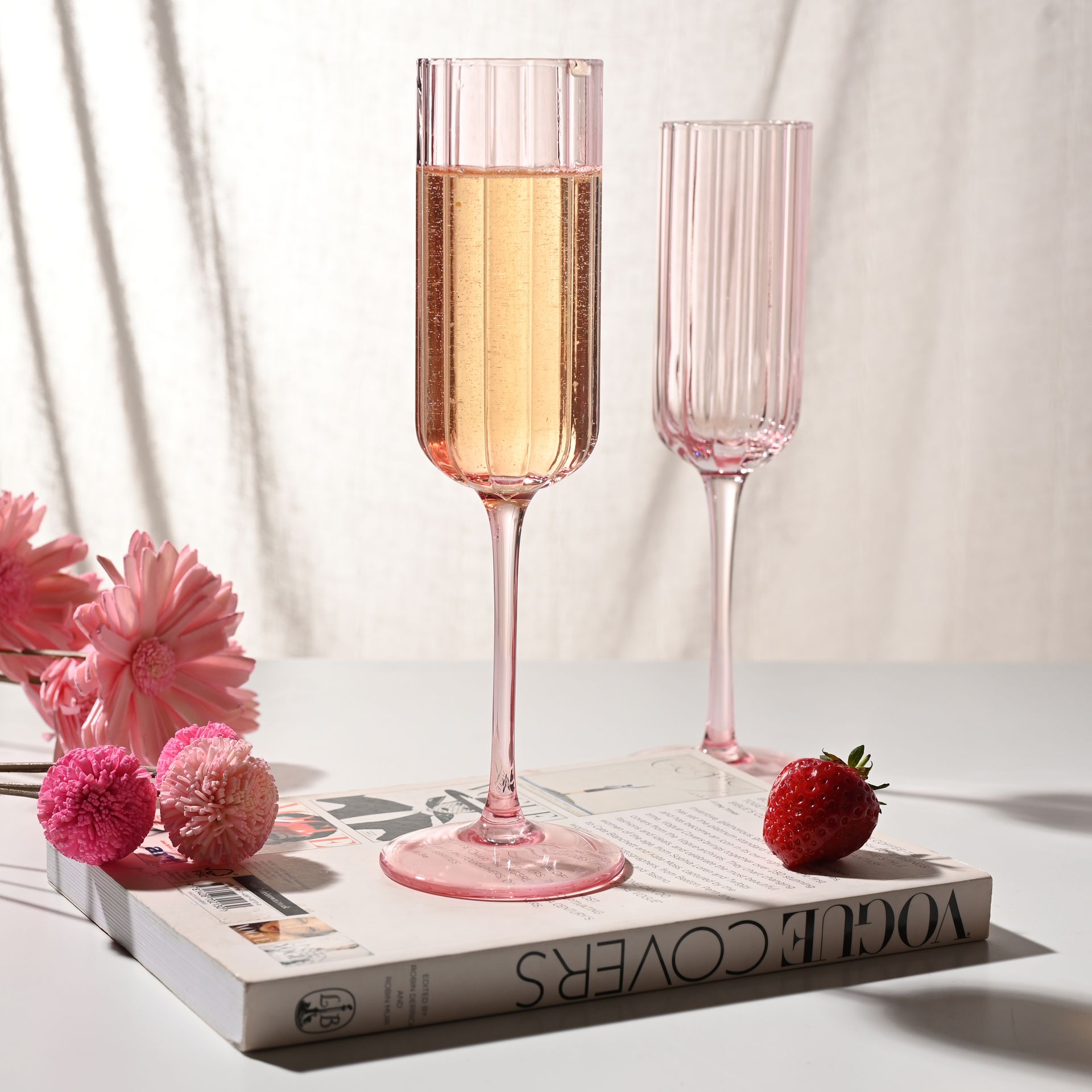 Set of 2 Hestia Bright Pink Scalloped Glass Champagne Flutes