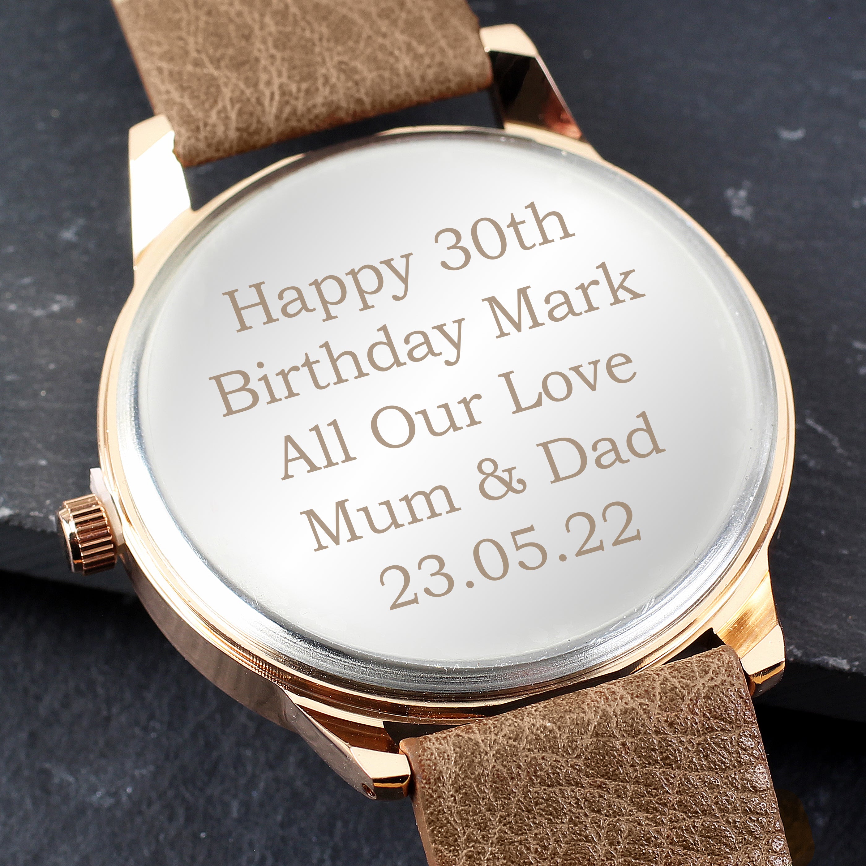Personalised Mens Rose Gold Tone Watch with Brown Strap and Presentation Box