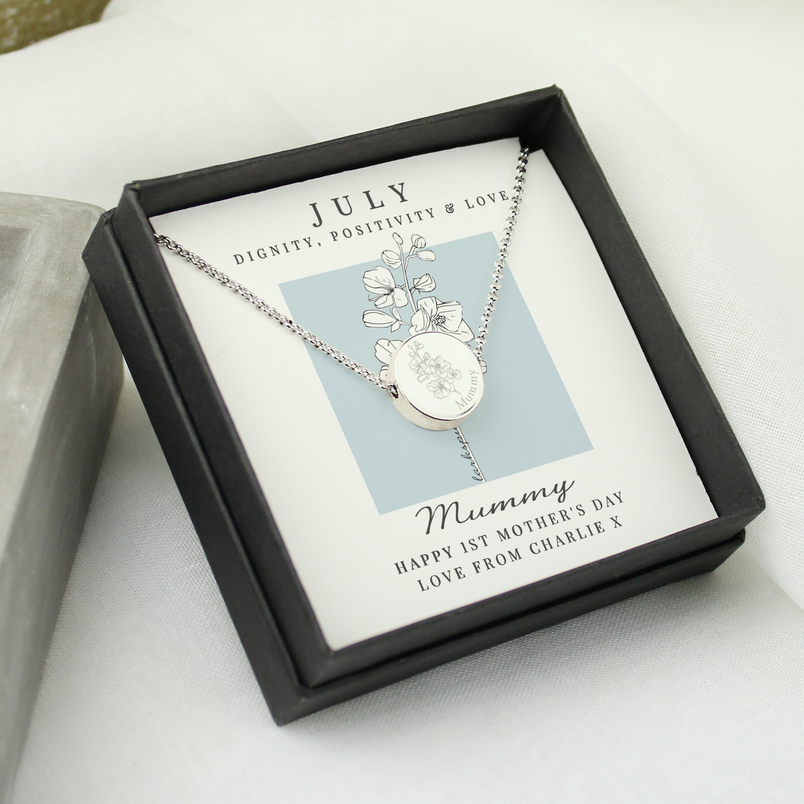 Personalised July Birth Flower Necklace and Box