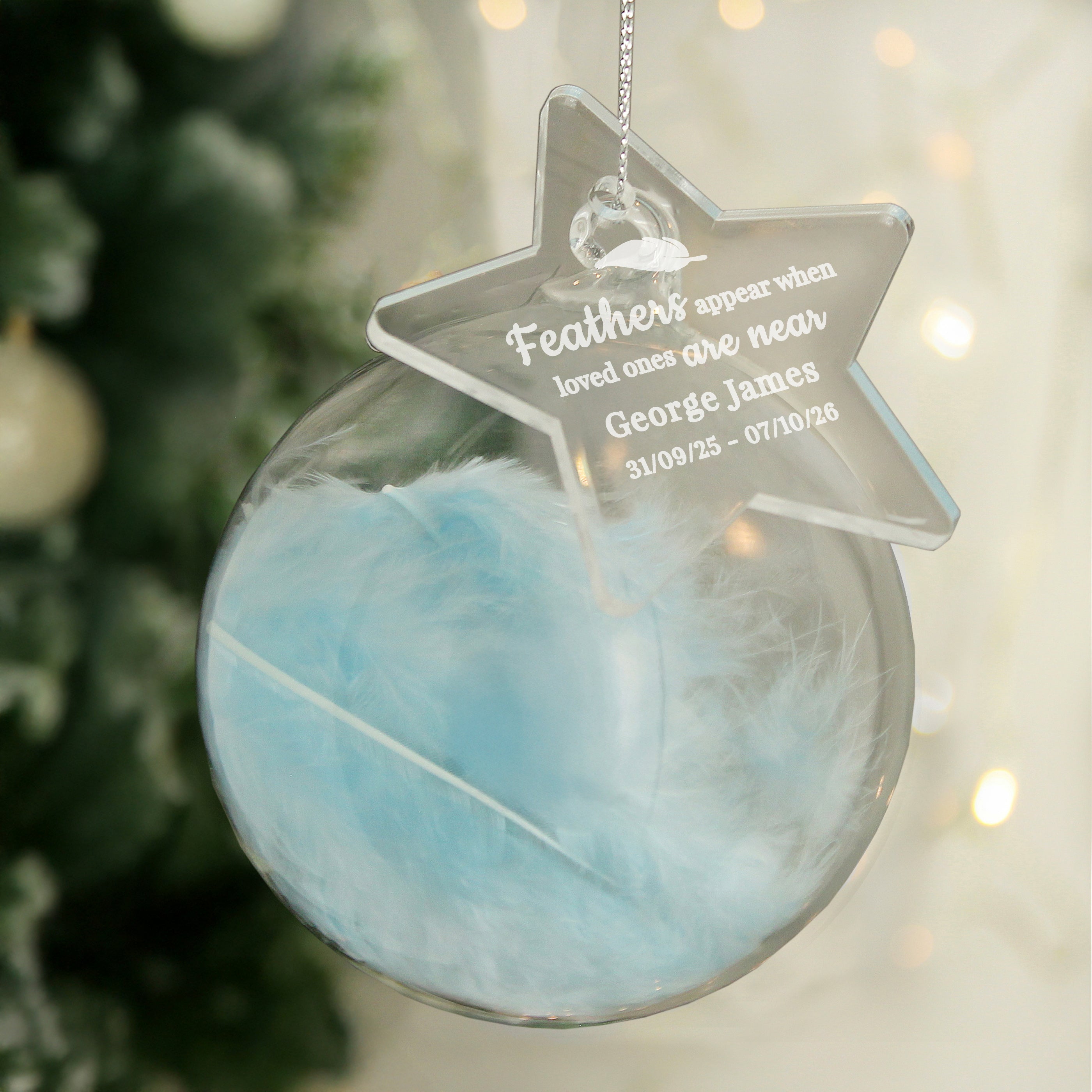 Personalised Blue Memorial Feather Bauble