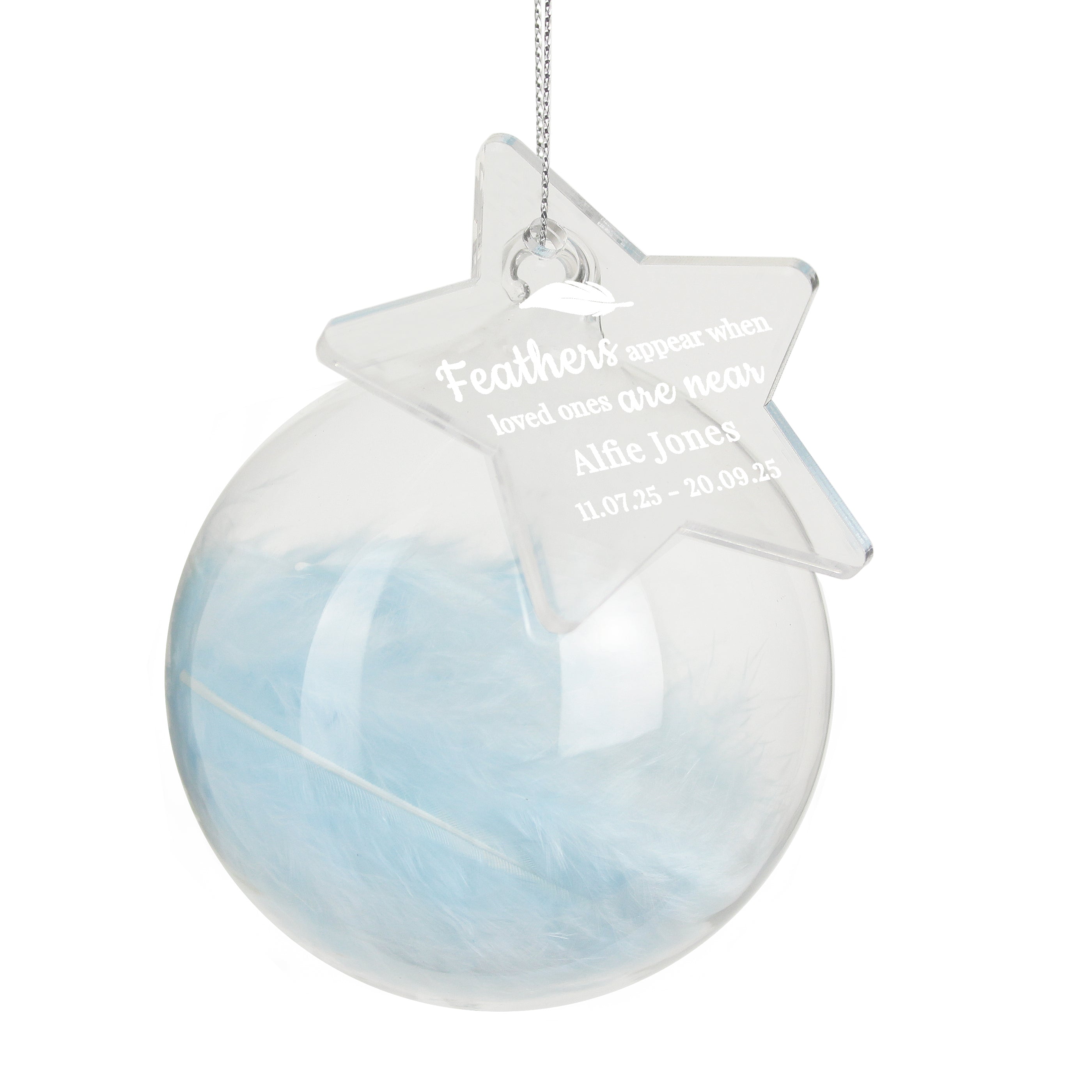 Personalised Blue Memorial Feather Bauble