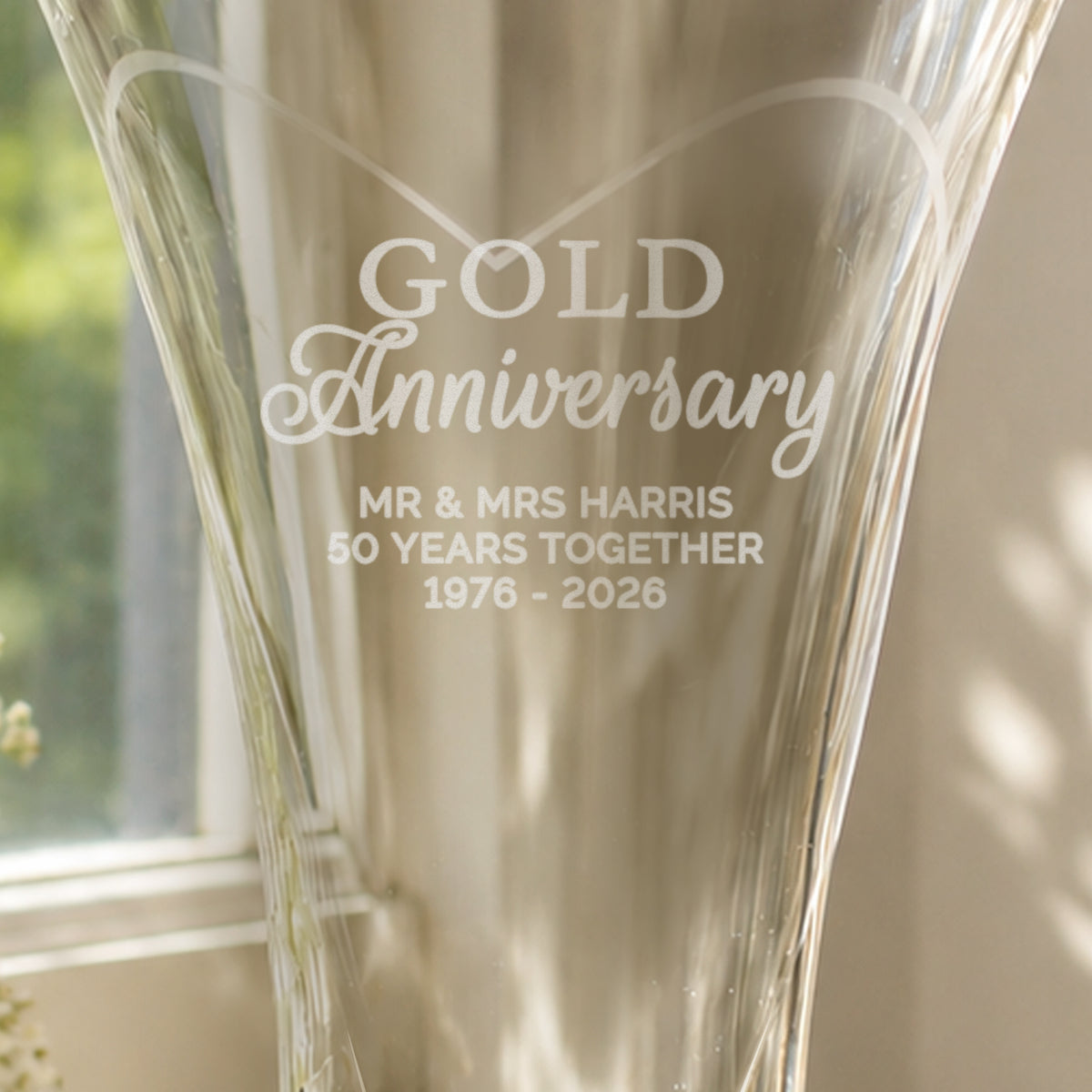 Personalised Gold Anniversary Large Hand Cut Diamond Effect Heart Vase