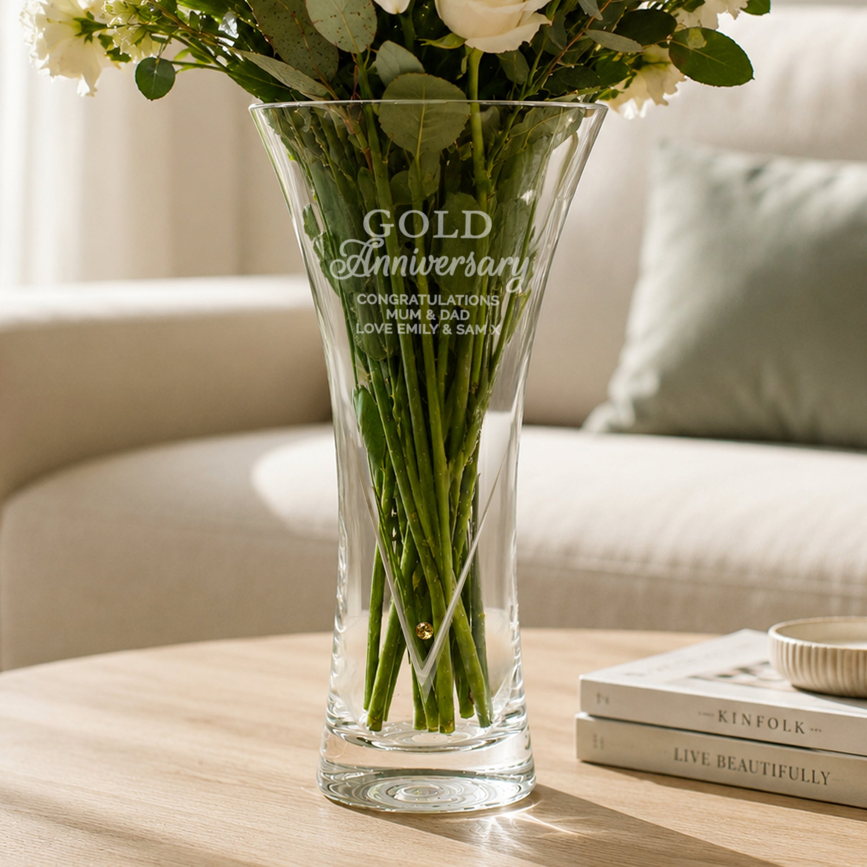 Personalised Gold Anniversary Large Hand Cut Diamond Effect Heart Vase