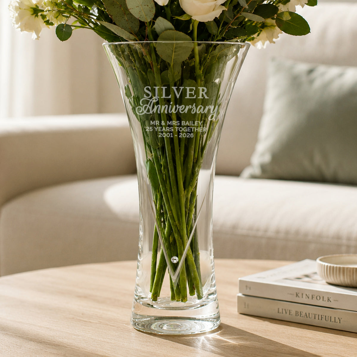 Personalised Silver Anniversary Large Hand Cut Diamond Effect Heart Vase