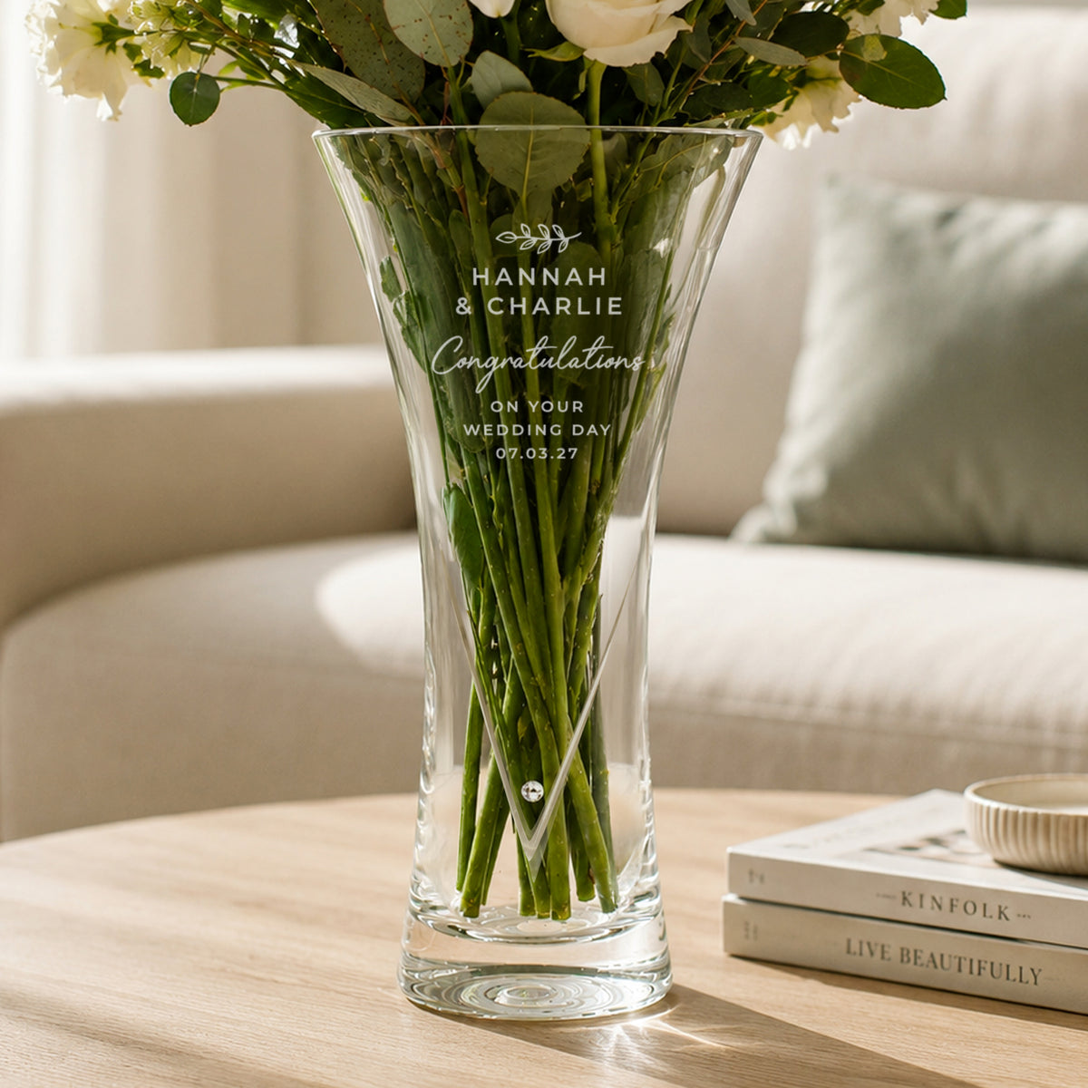 Personalised Leaf Motif Hand Cut Diamond Effect Heart Vase