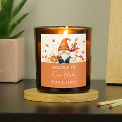 Personalised Autumn Gonk Amber Glass Candle
