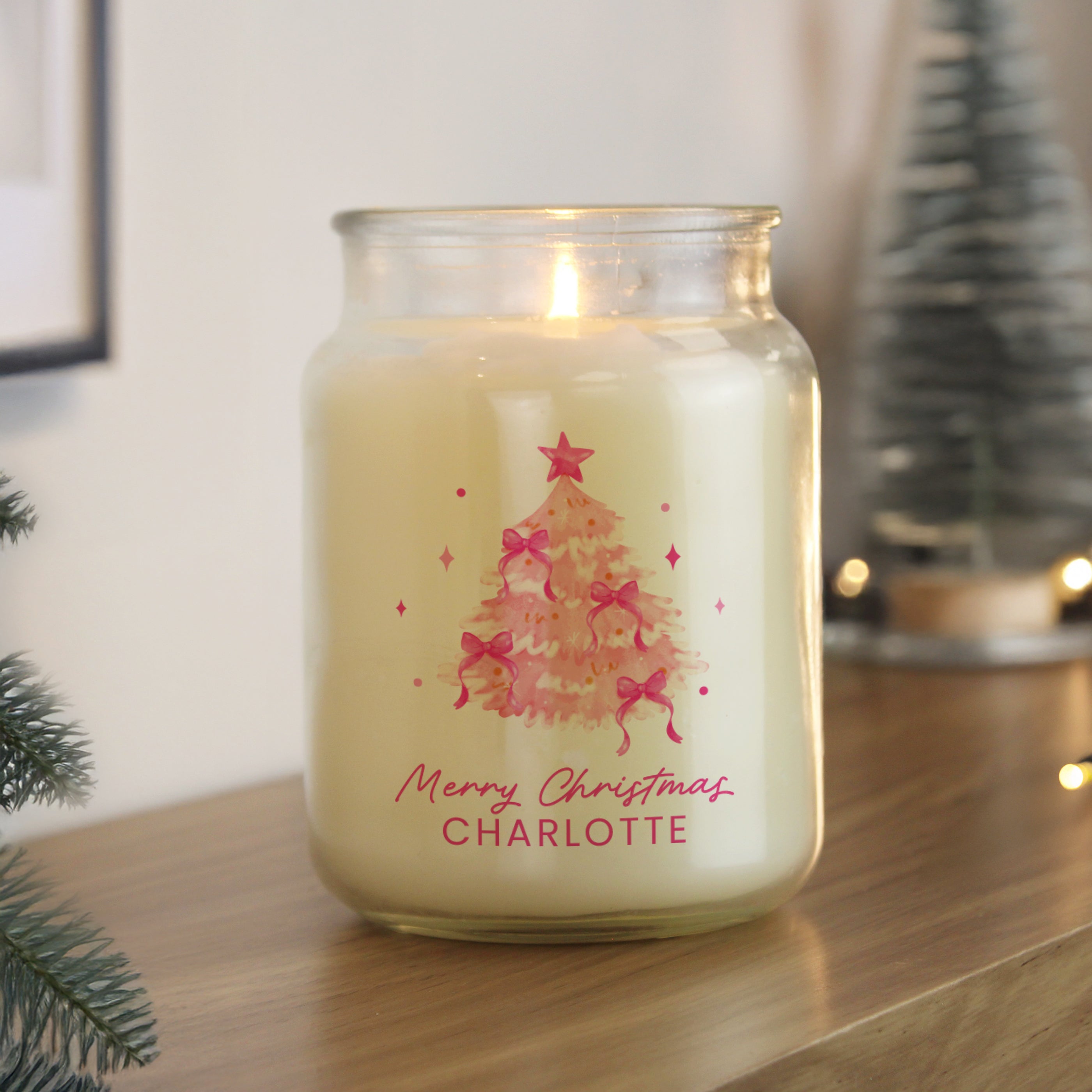 Personalised Pink Christmas Tree Large Candle Jar