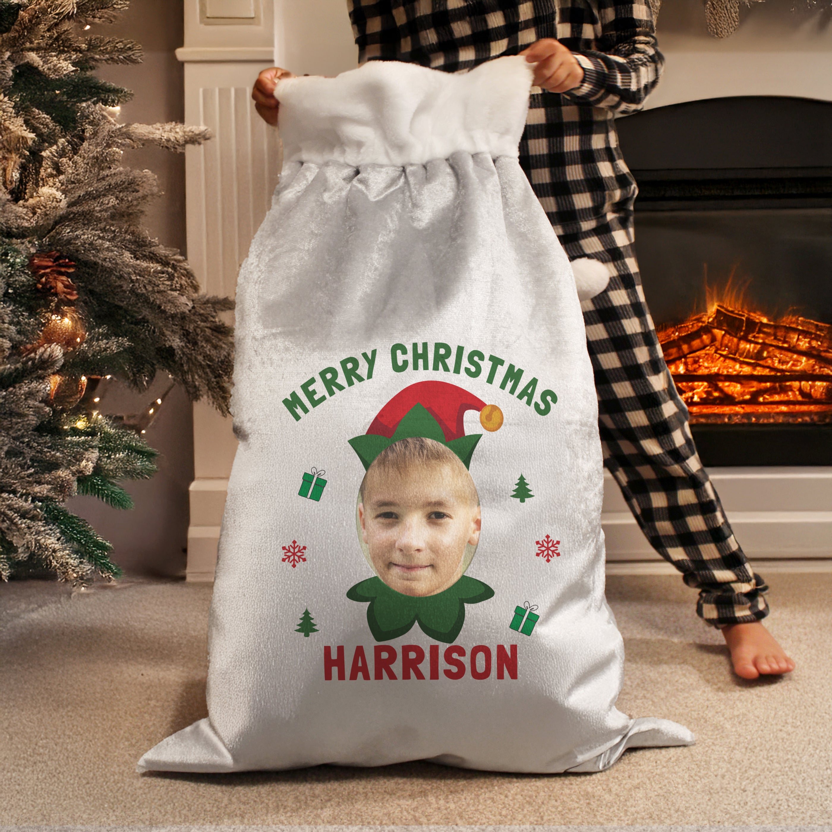 Personalised Photo Upload Elf Christmas Sack