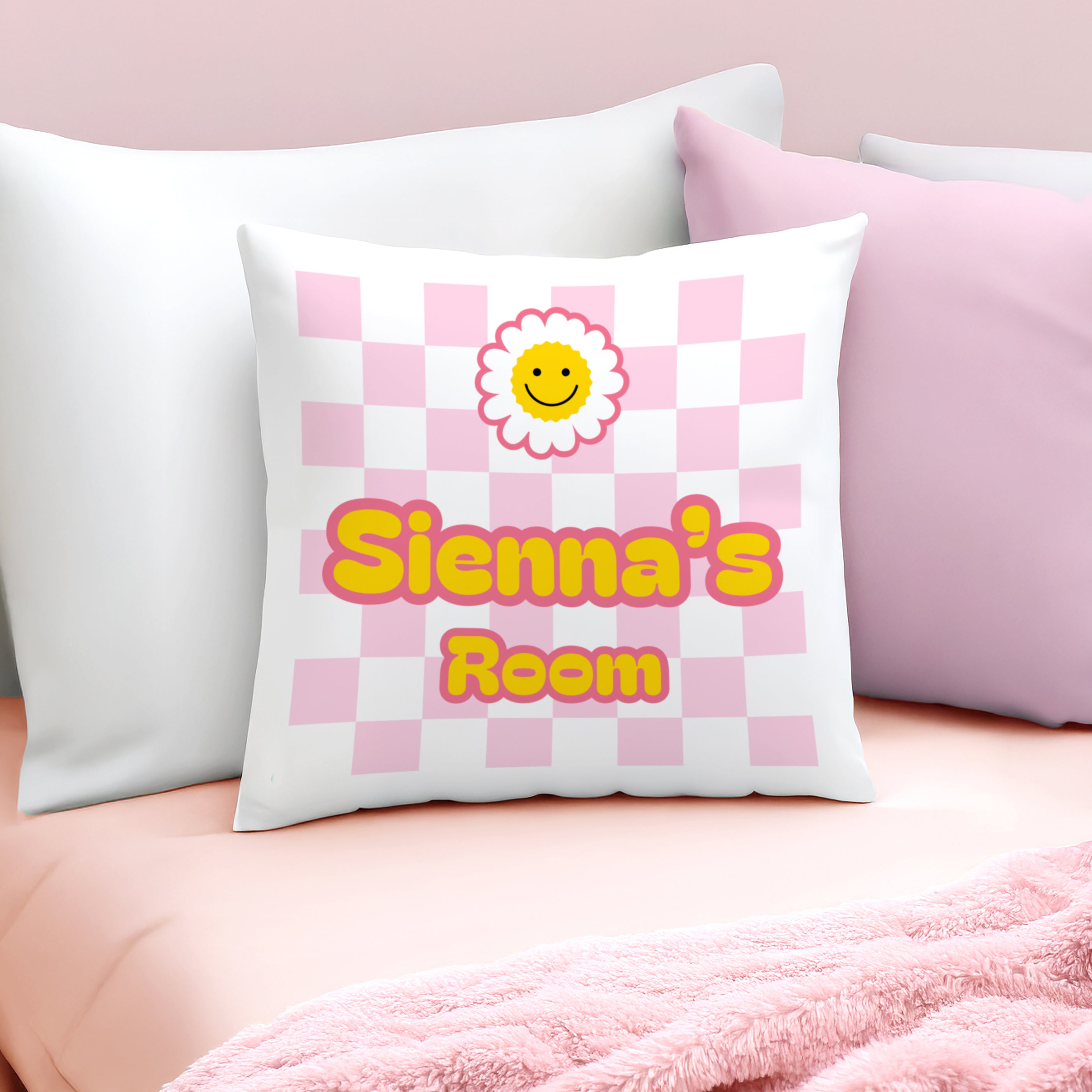 Personalised Pink Check Childrens Bedroom Cushion