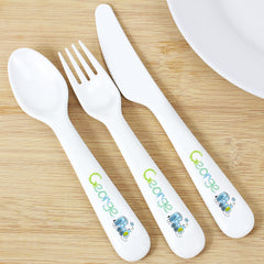 Personalised Patchwork Train 3 Piece Plastic Cutlery Set