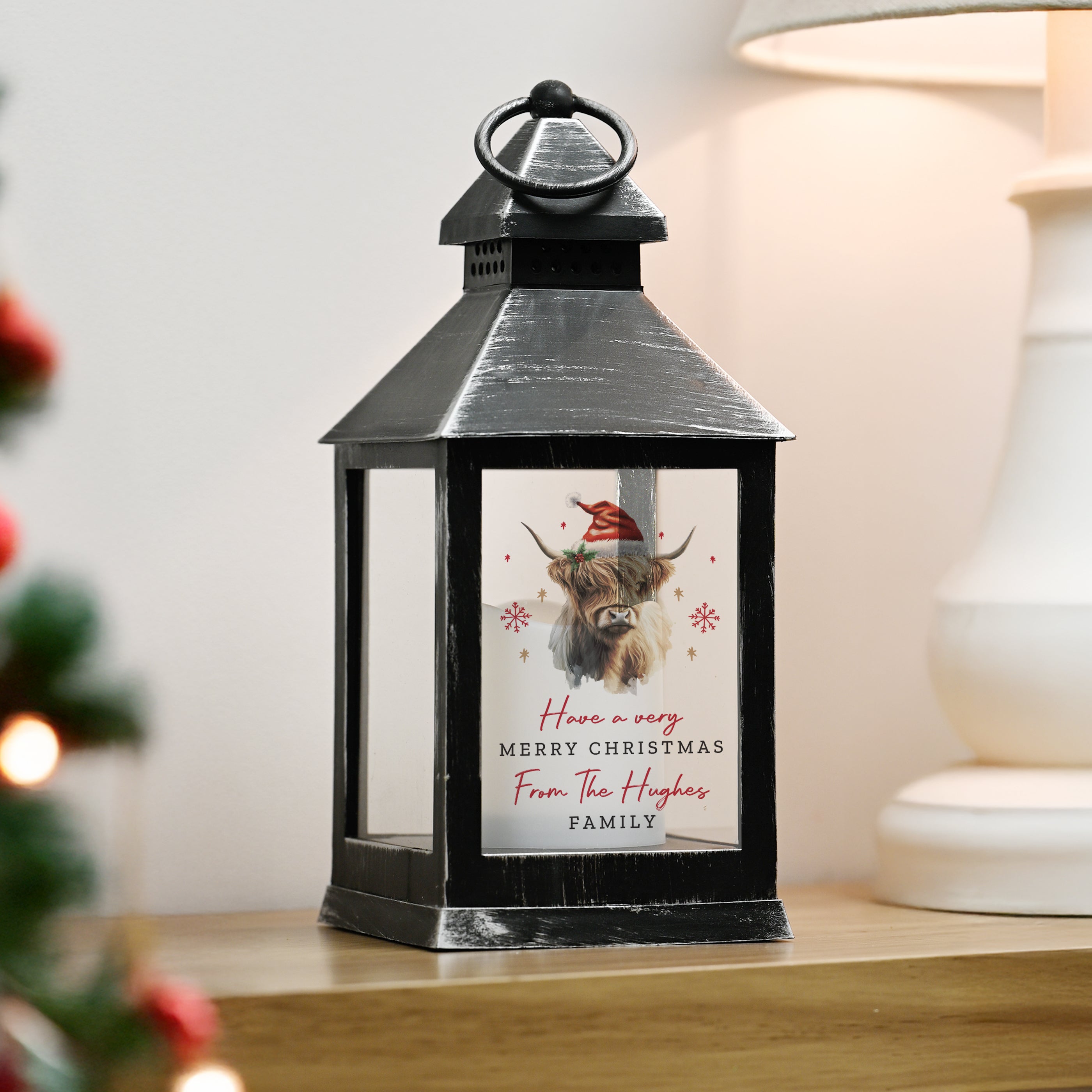 Personalised Highland Cow Christmas LED Lantern