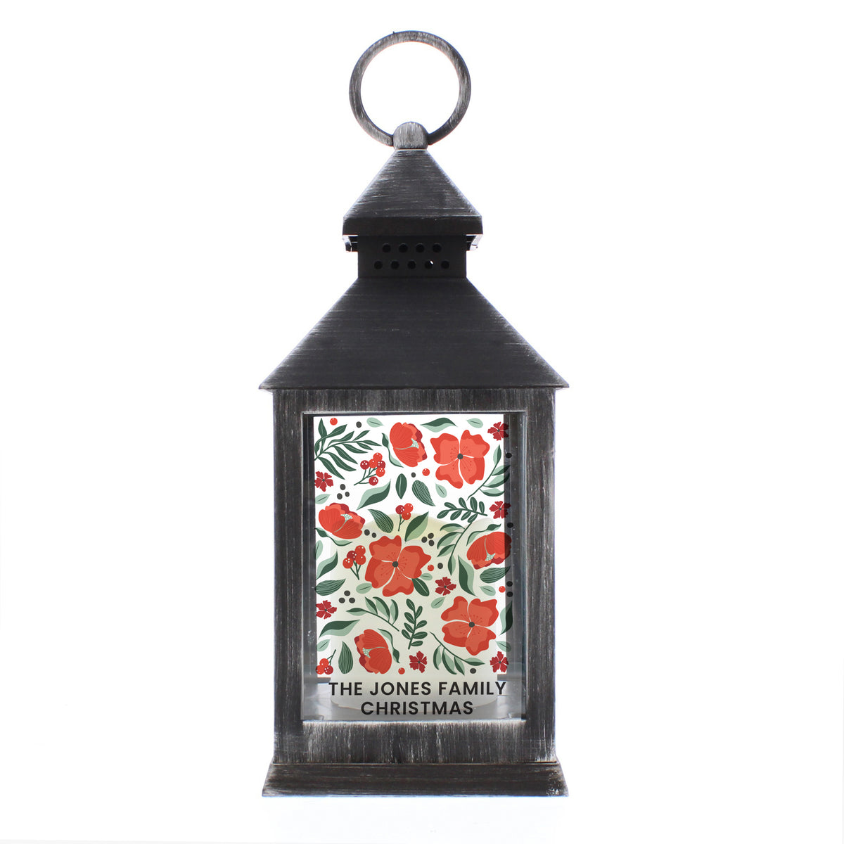 Personalised Poinsettia Black LED Lantern