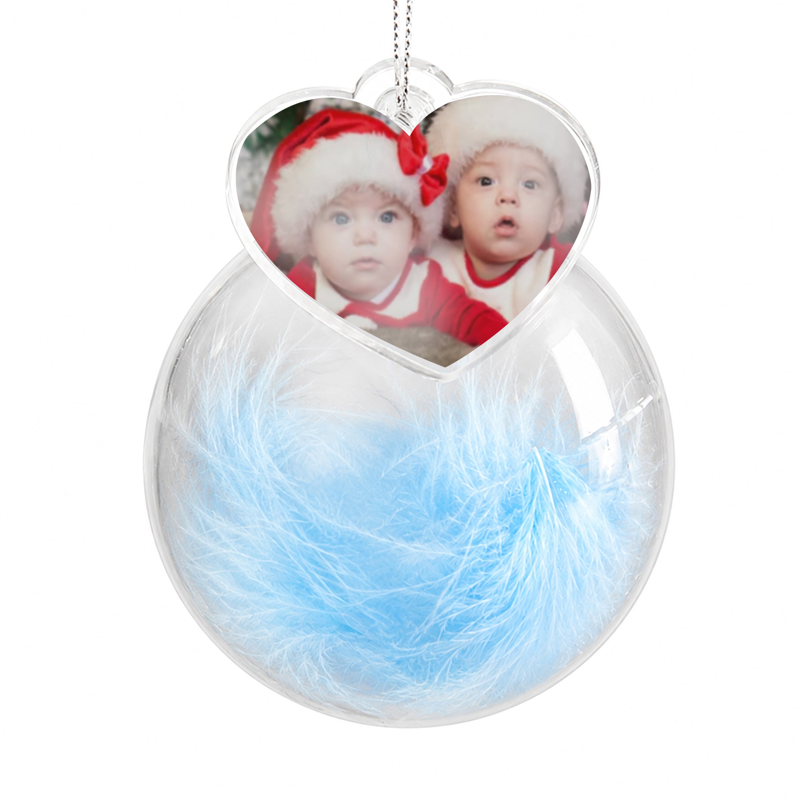 Personalised Photo Upload Blue Feather Glass Bauble