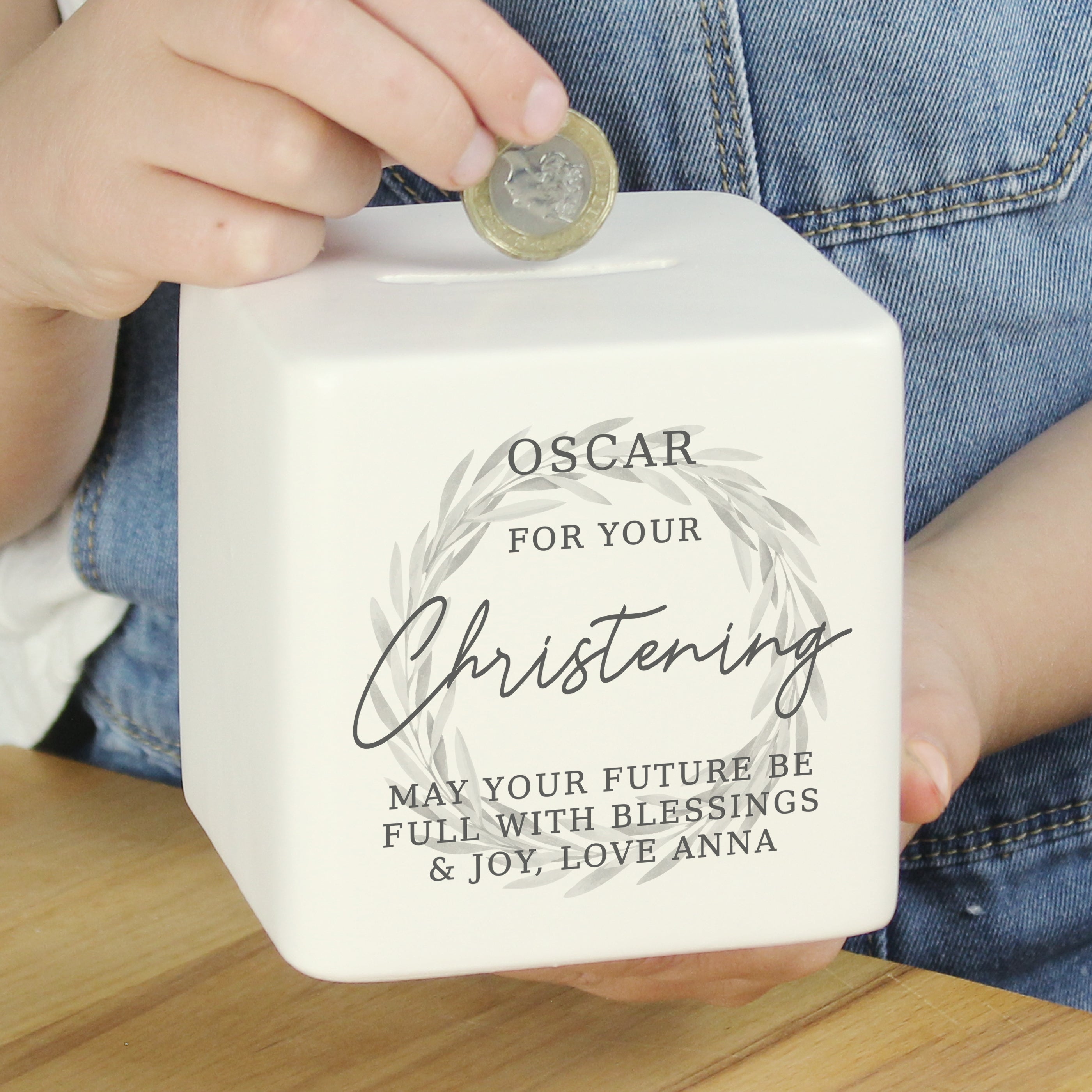 Personalised Wreath Ceramic Square Money Box
