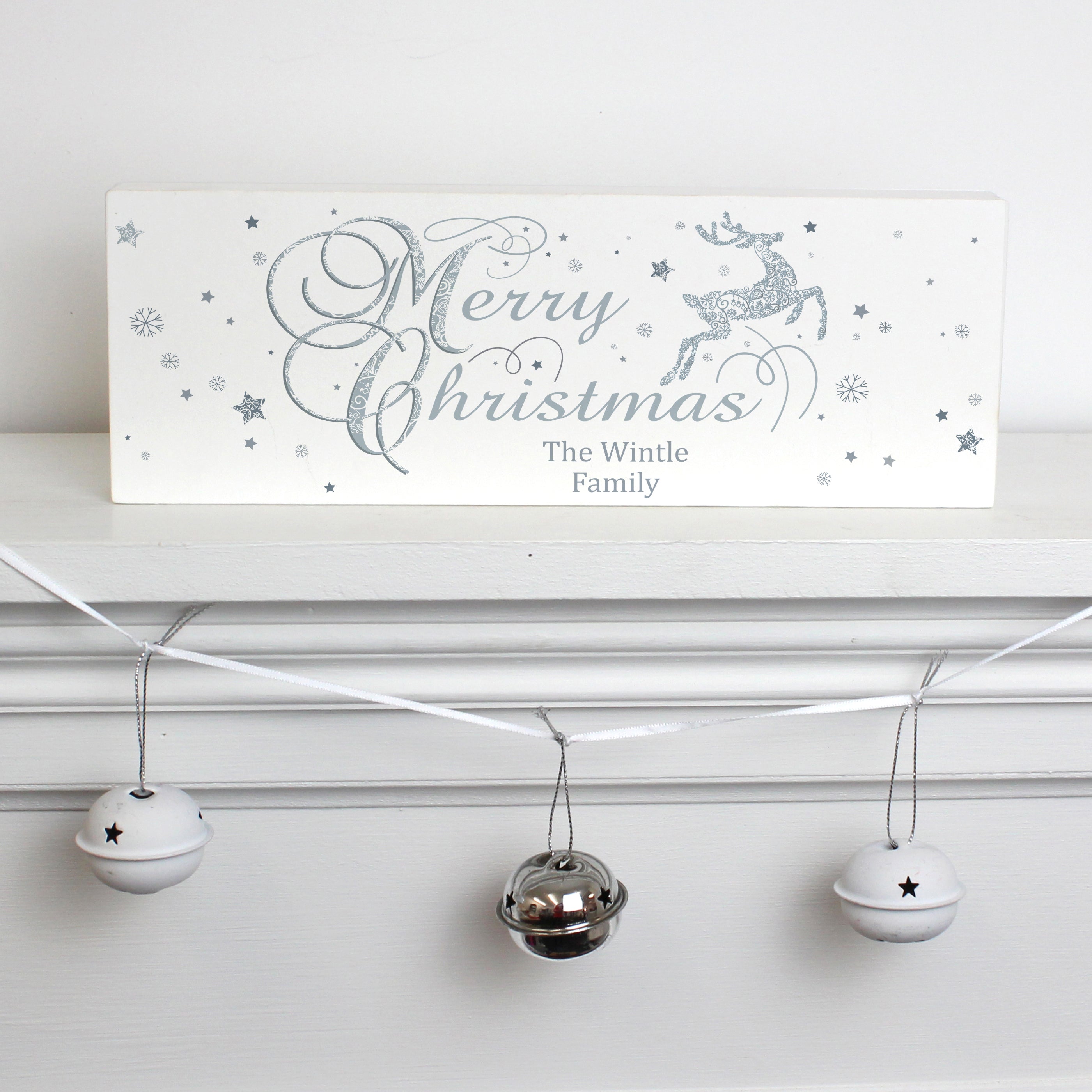 Personalised Silver Reindeer Wooden Block Sign