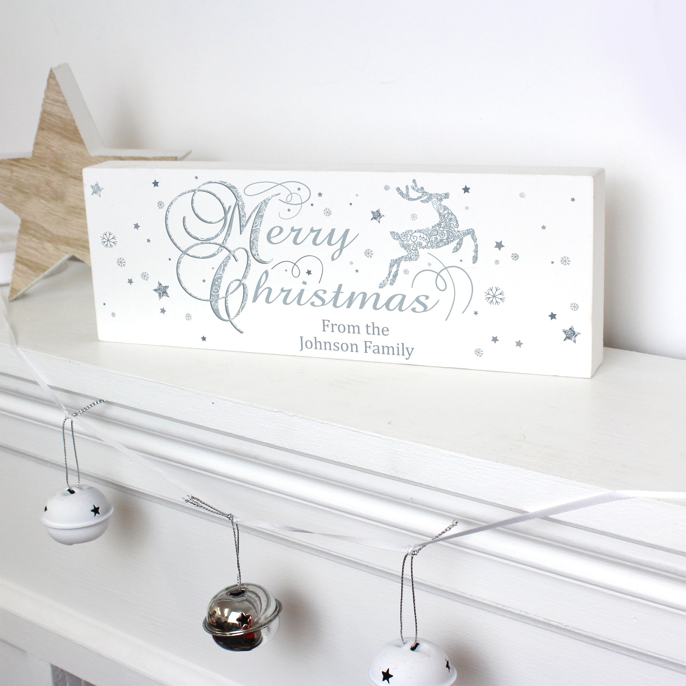 Personalised Silver Reindeer Wooden Block Sign