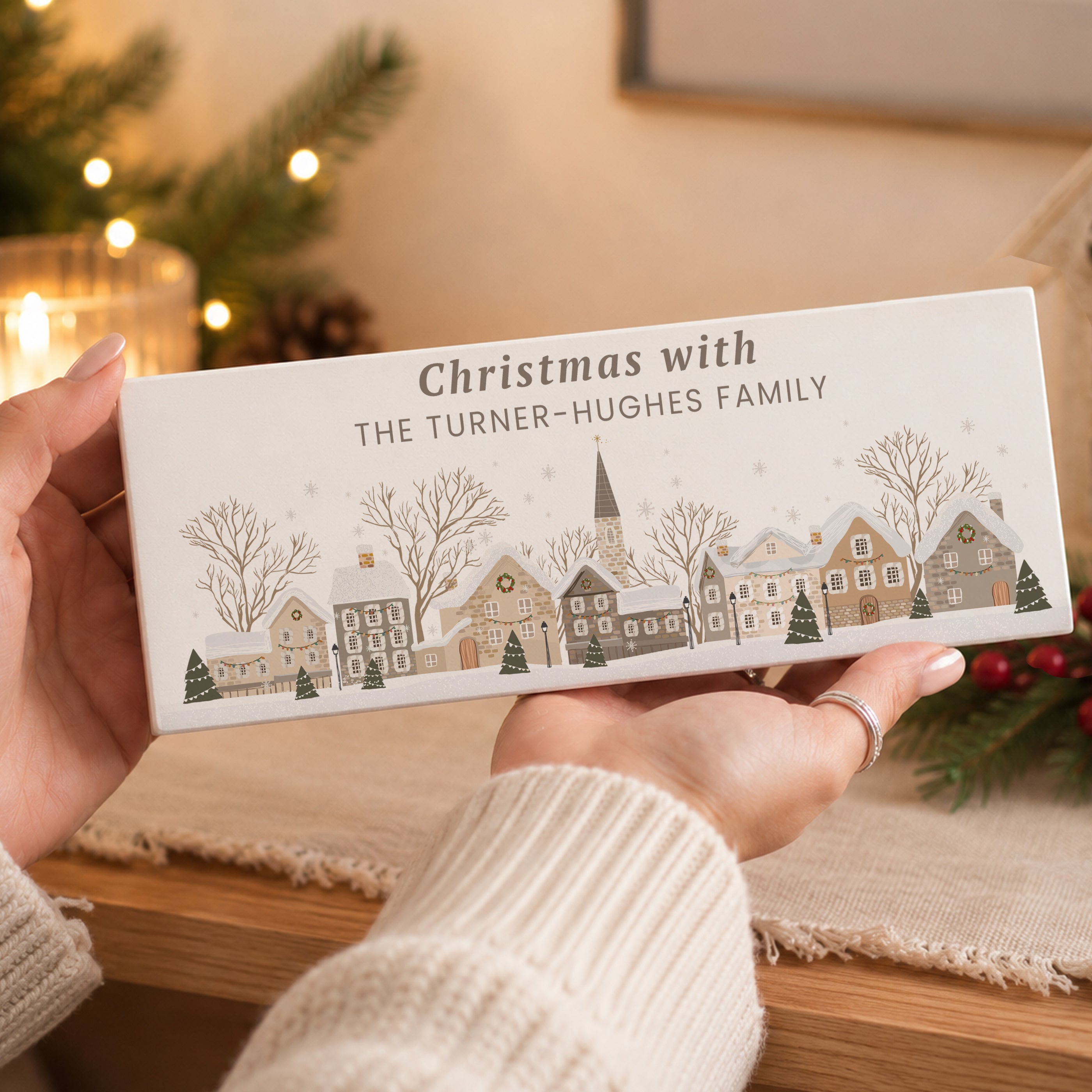 Personalised Christmas House Scene Wooden Mantle Block