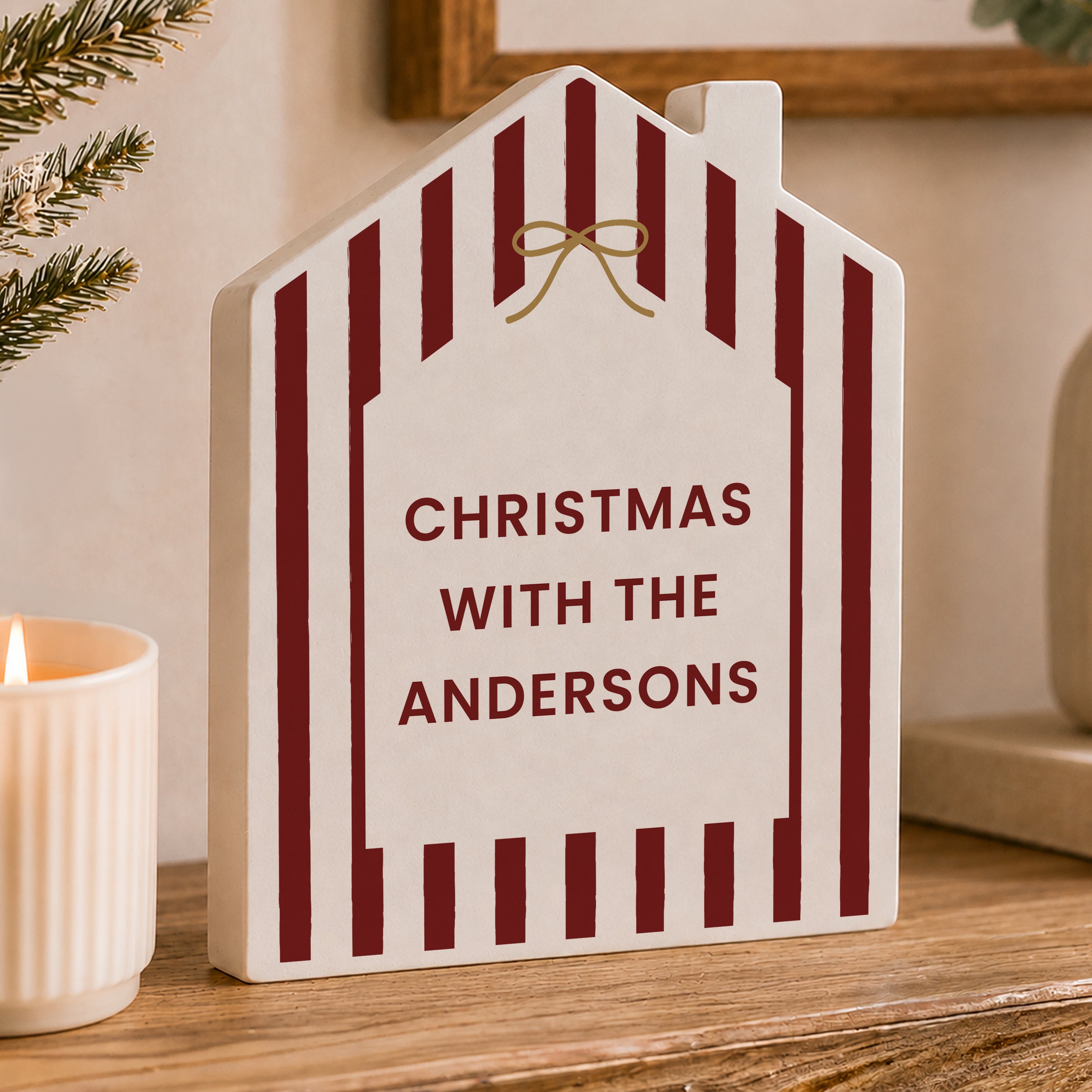 Personalised Candy Cane Stripe Wooden House Ornament