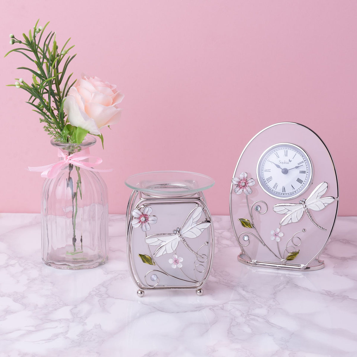 Sophia Classic Glass & Wire Dragonfly Mantel Clock