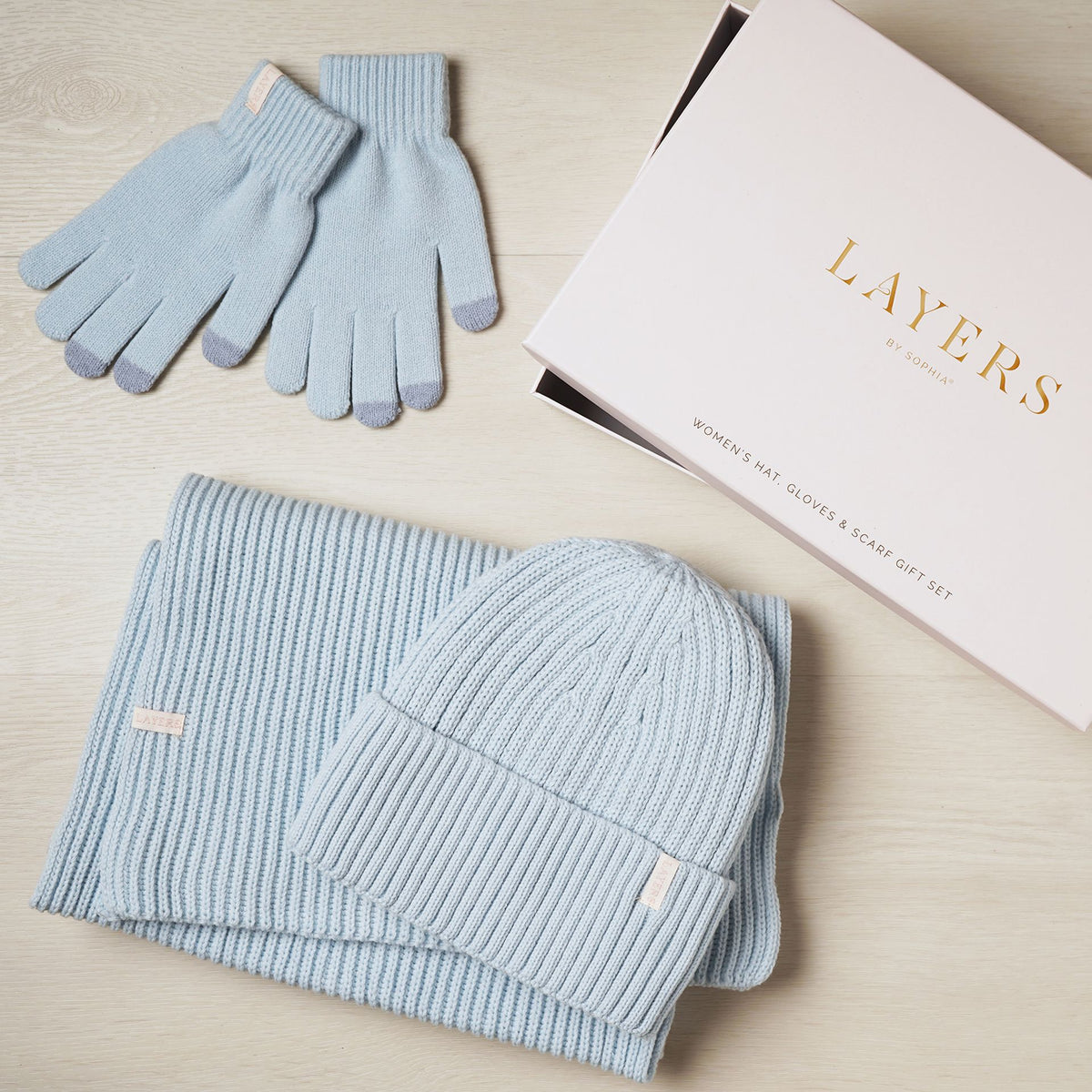 Sophia Layers Cosy Knit Hat Glove & Scarf Gift Set - Powder Blue