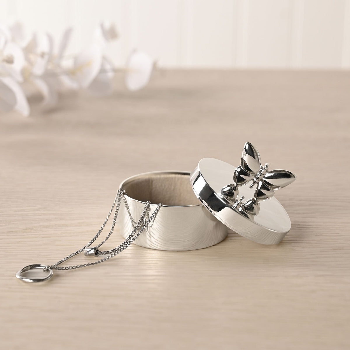Sophia Silverplated Butterfly Round Trinket Box