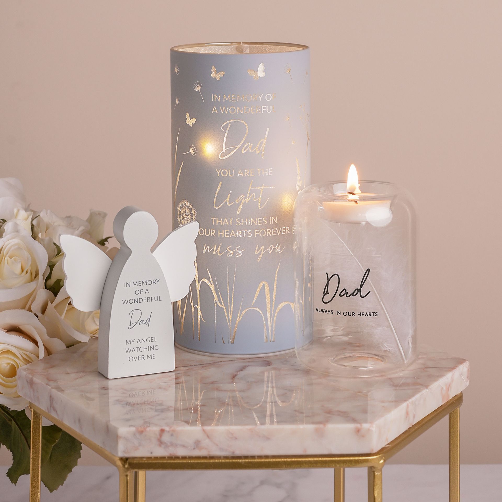 Thoughts of You Feather Glass Tea Light Holder - Dad