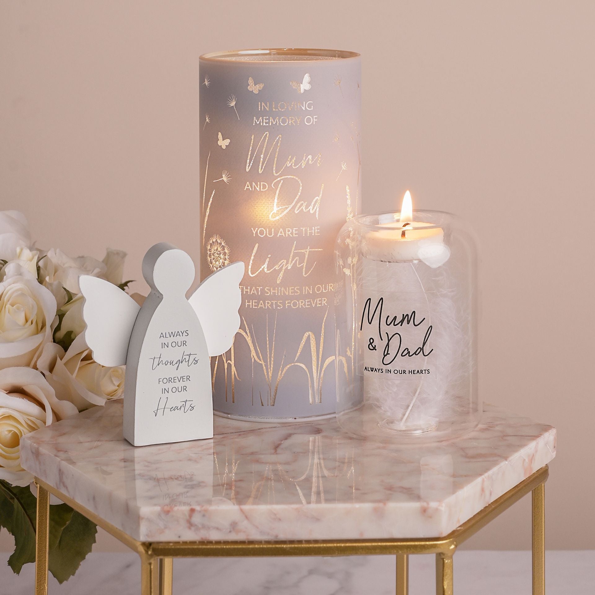 Thoughts of You Feather Glass Tea Light Holder - Mum & Dad