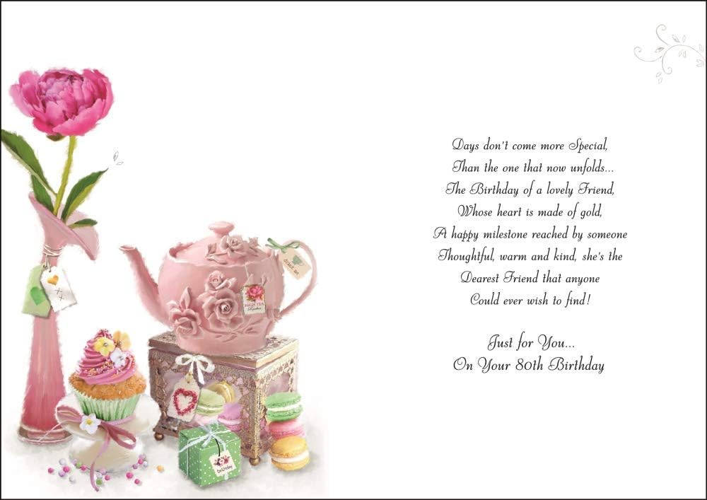 Friend 80th Birthday Card - Teapot, Cakes & Flower