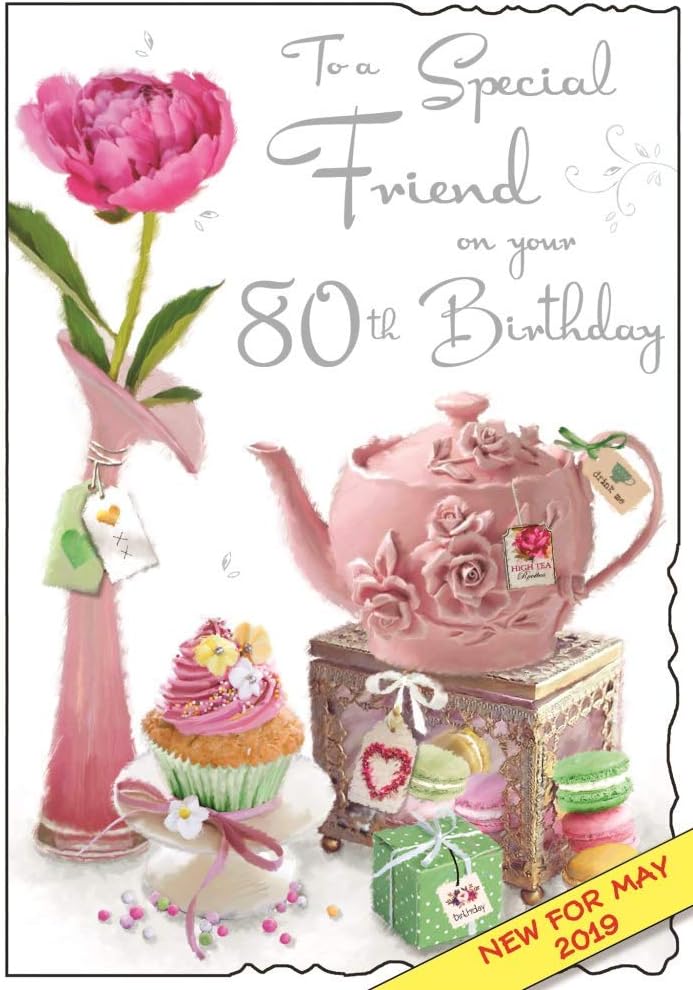 Friend 80th Birthday Card - Teapot, Cakes & Flower