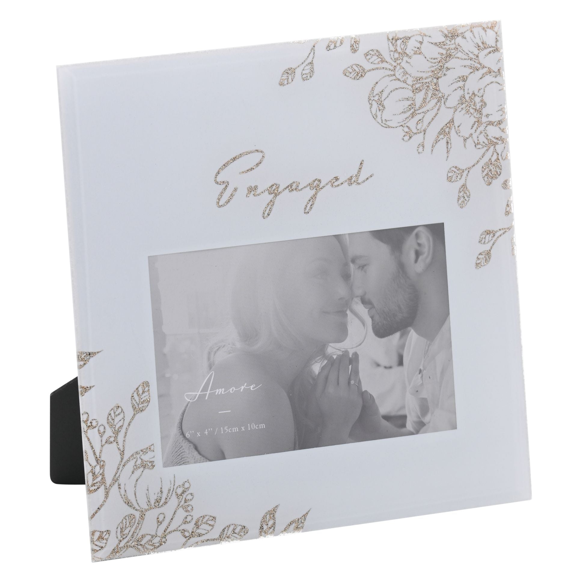 'Engaged' Pale Grey Glass Gold Floral Frame 6" x 4"