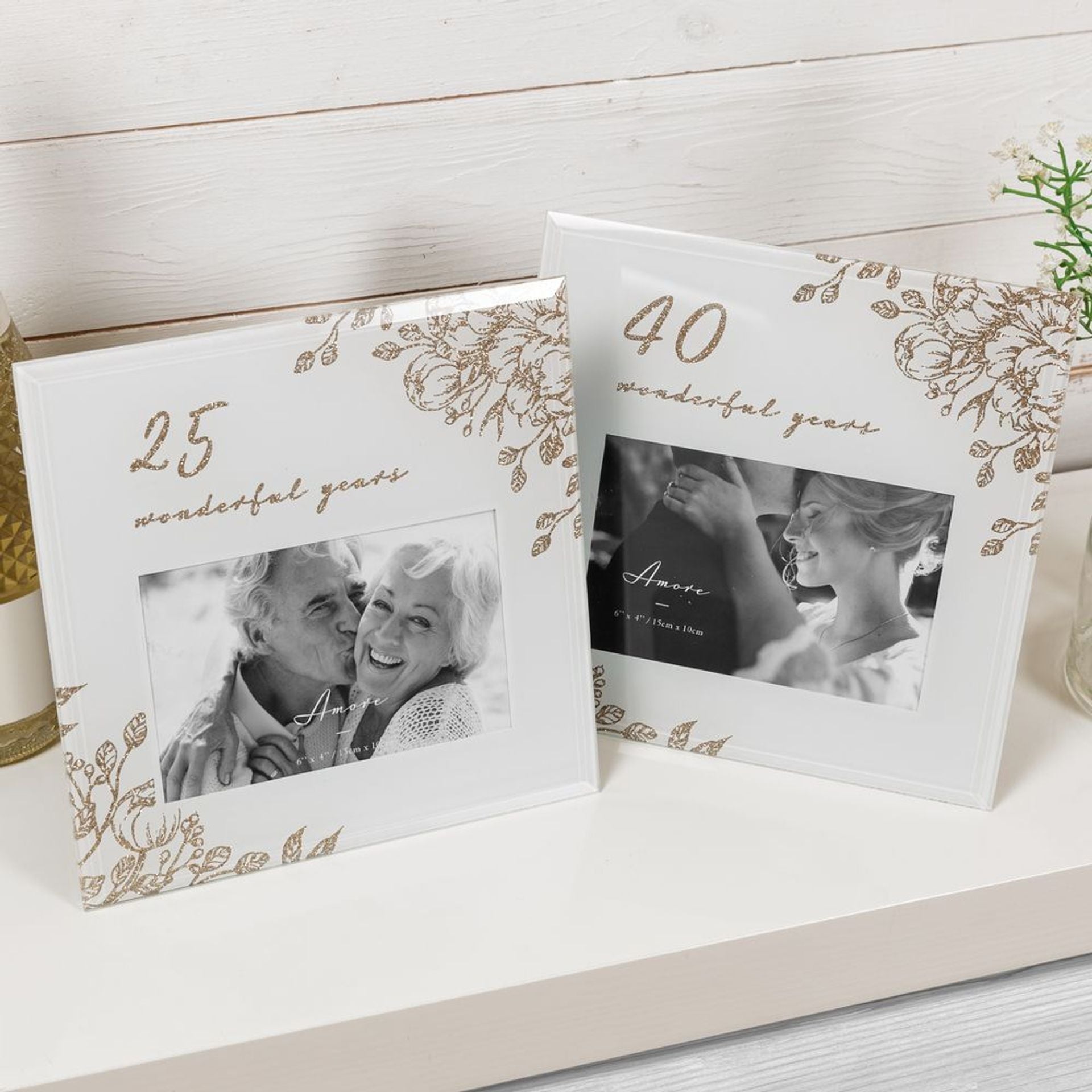 25 Wonderful Years Pale Grey Glass Gold Floral Frame 6" x 4"