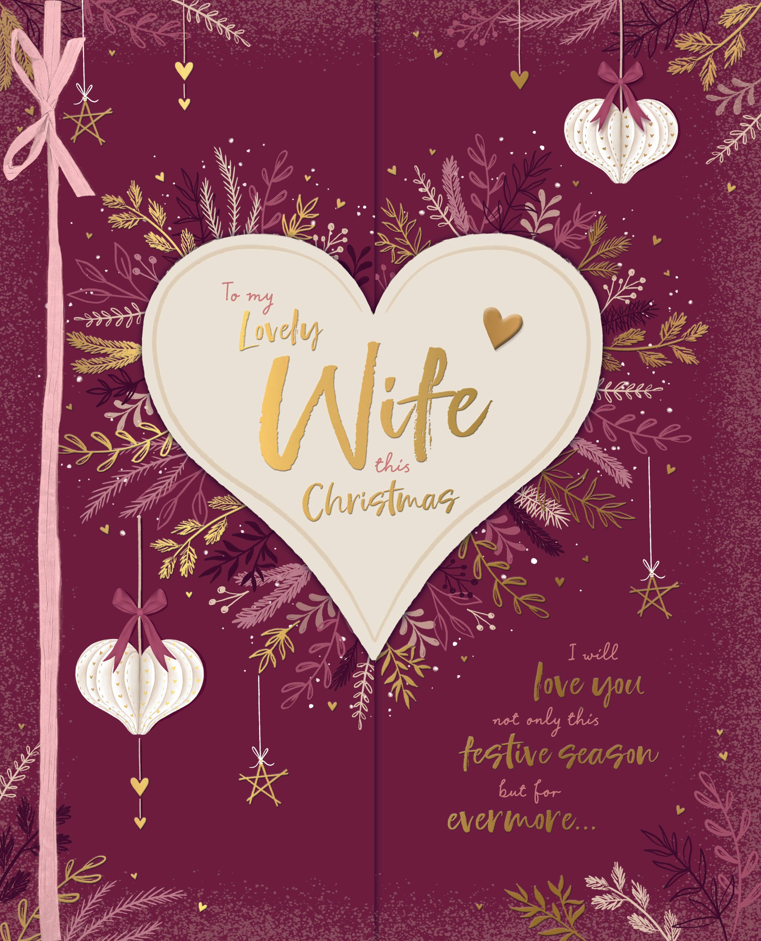 Wife Christmas Card - Paper Hanging Heart Baubles