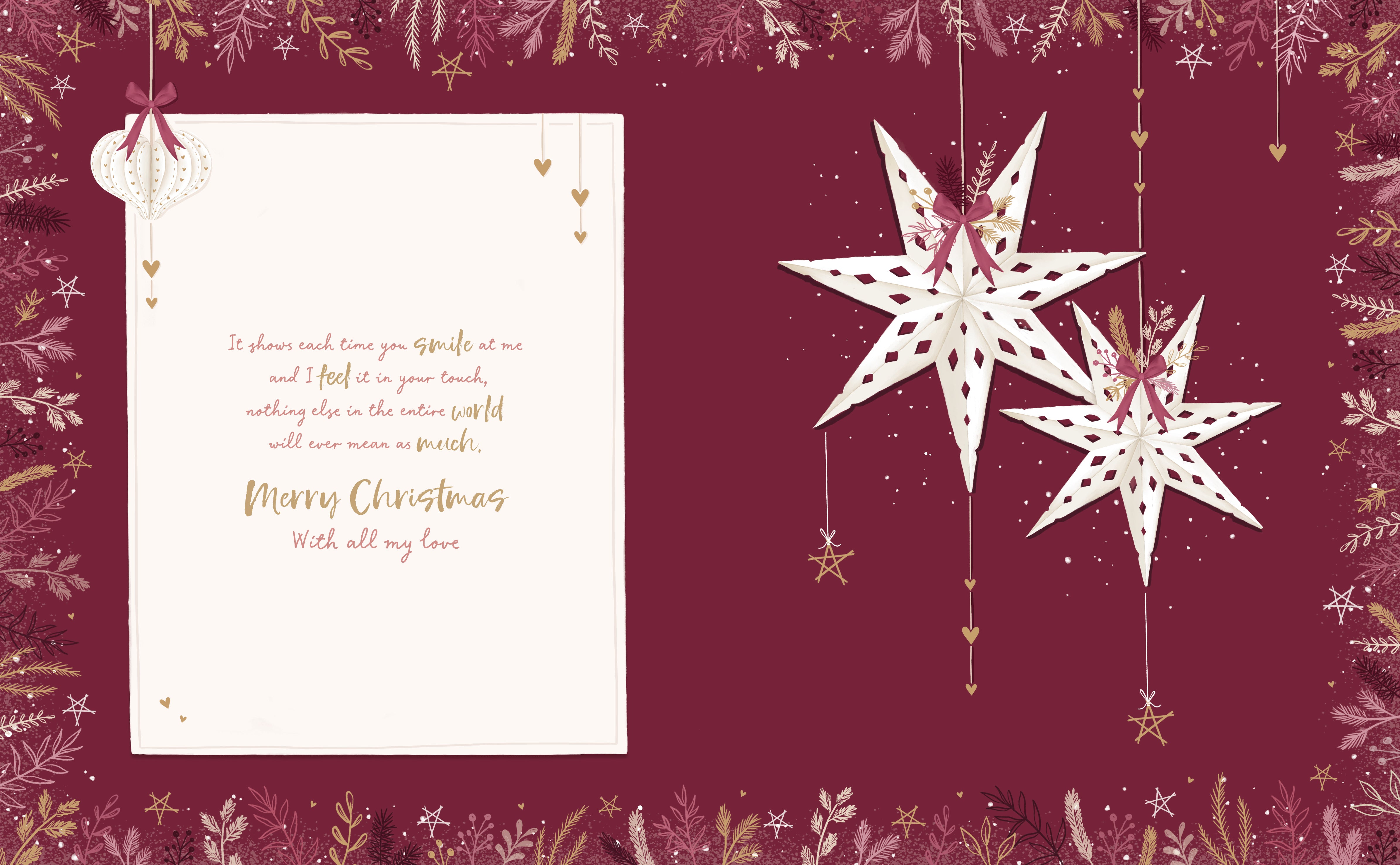 Wife Christmas Card - Paper Hanging Heart Baubles