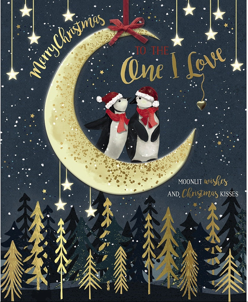 One I Love Christmas Card - Penguins Stood On Moon