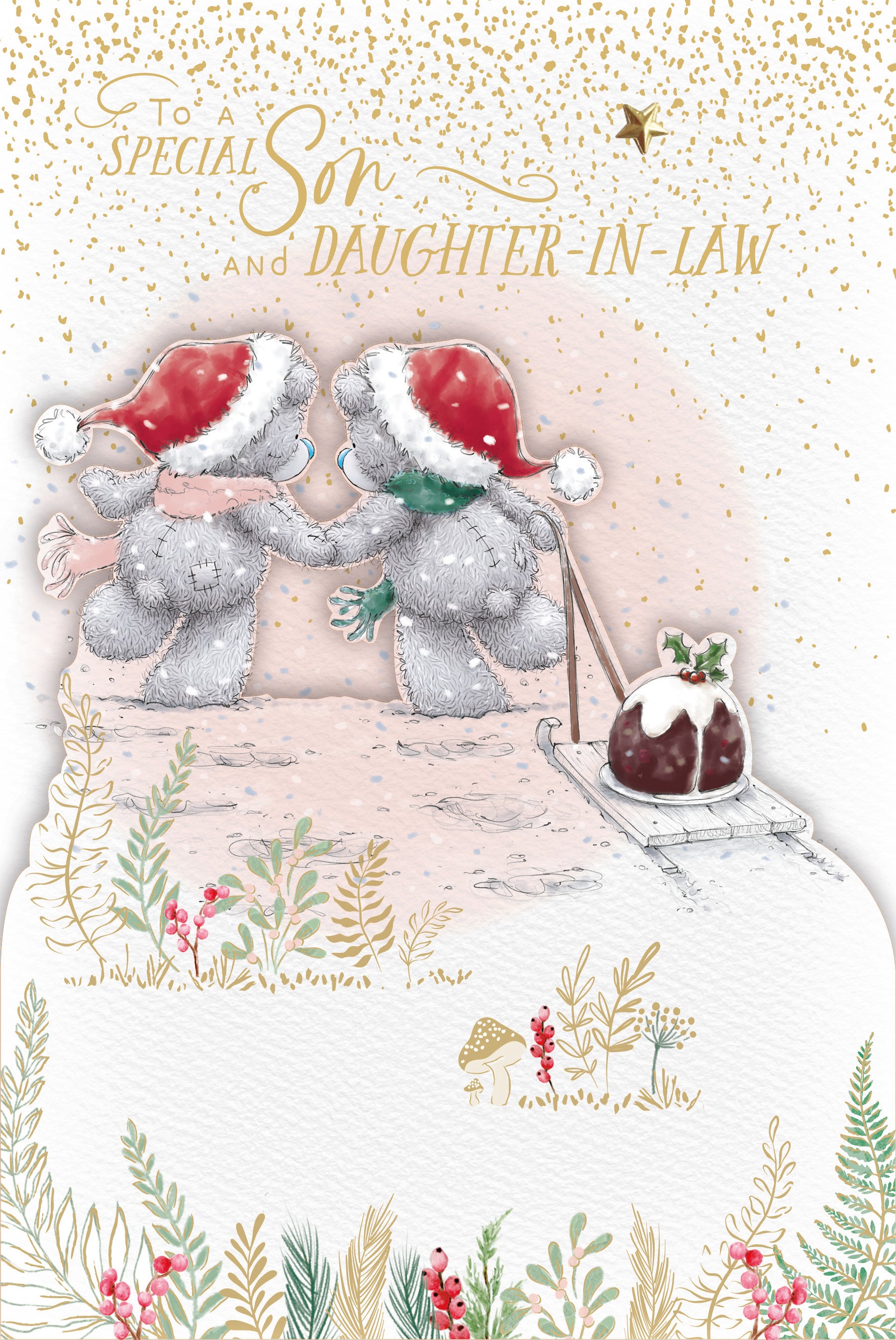 Son And Daughter-In-Law Christmas Card - Bears Pulling Christmas Pudding On Sleigh