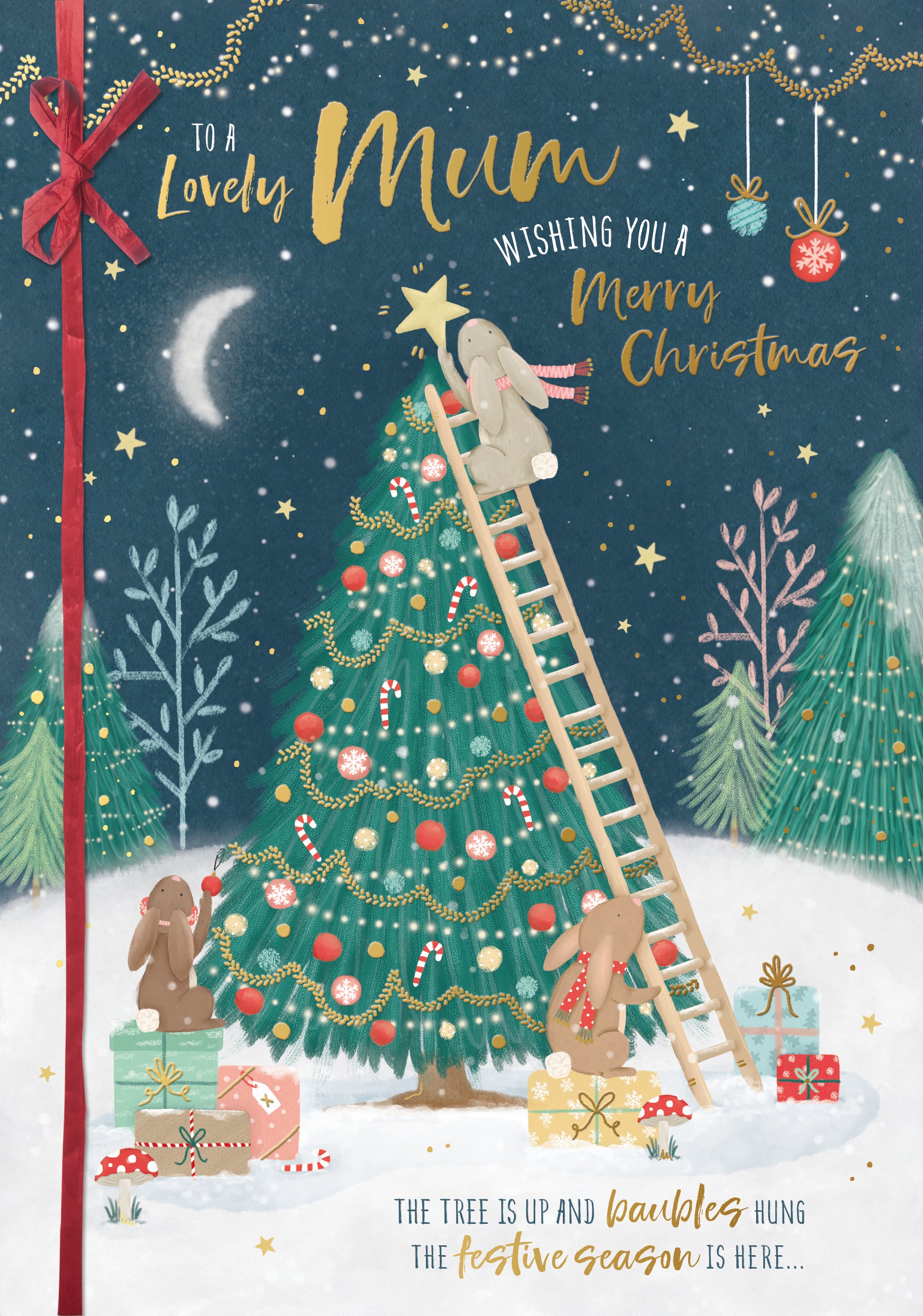 Mum Christmas Card - Rabbits Decorating Christmas Tree