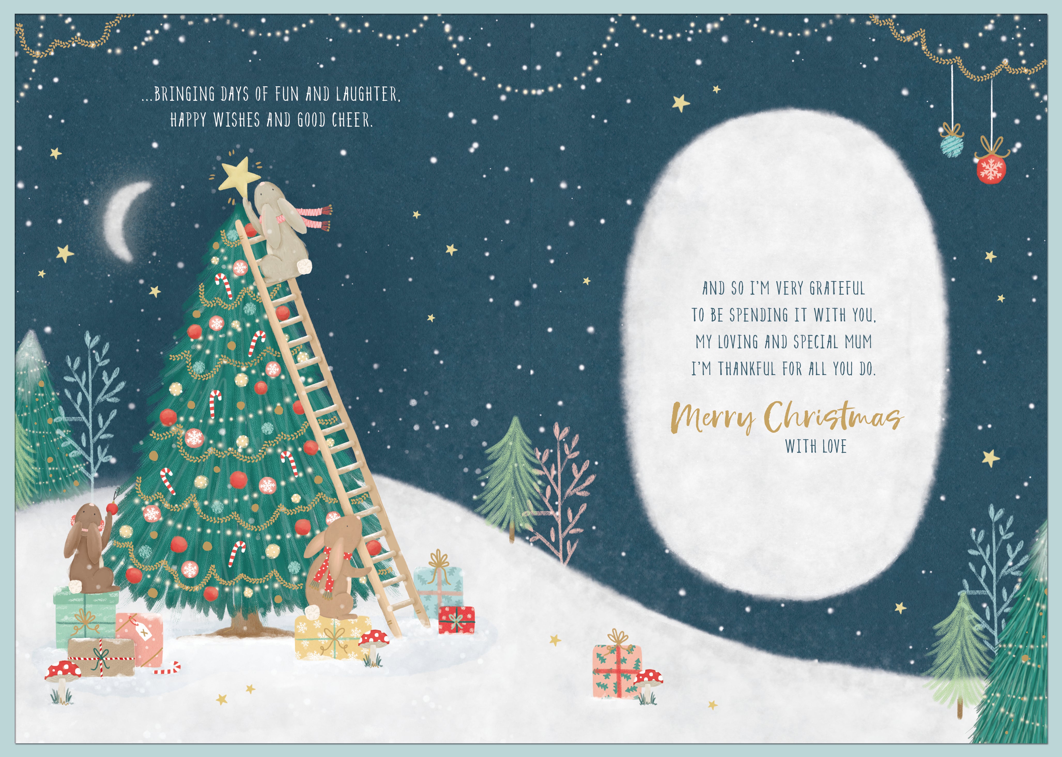Mum Christmas Card - Rabbits Decorating Christmas Tree